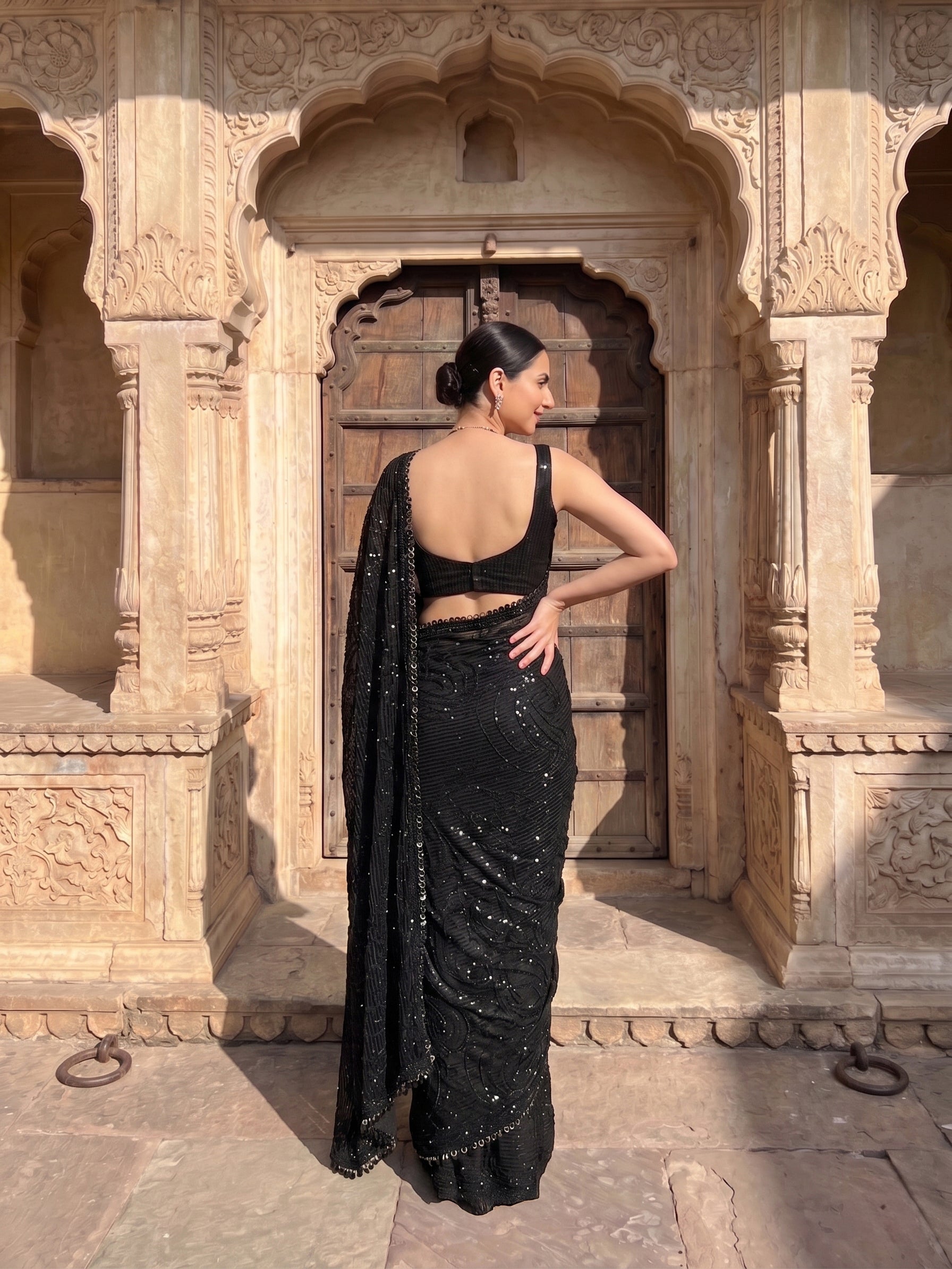 Georgette Black Saree with Heavy Sequin Embroidery and Designer Party Wear Pattern