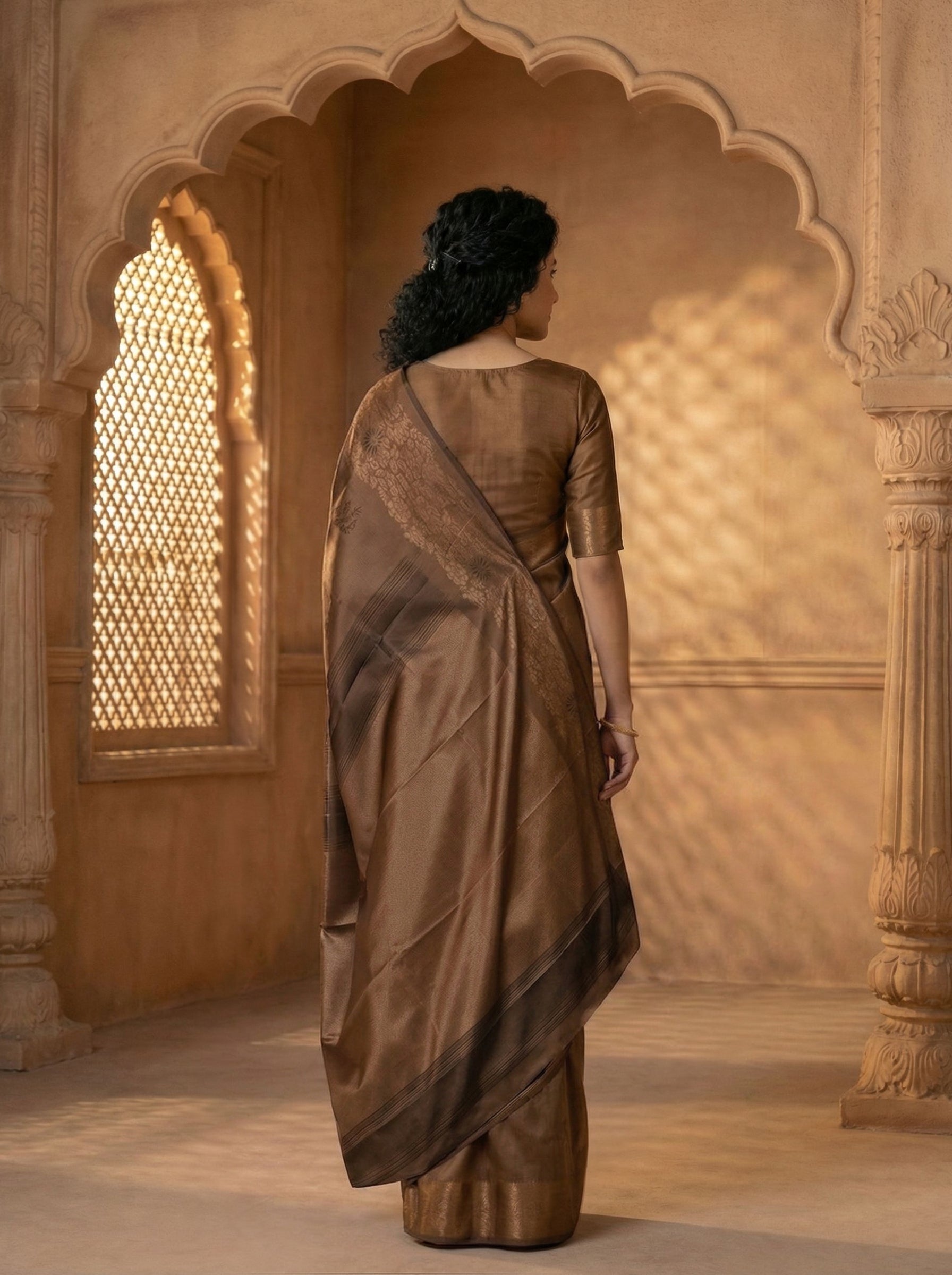Semi Silk Chocolate Brown Self Design Saree