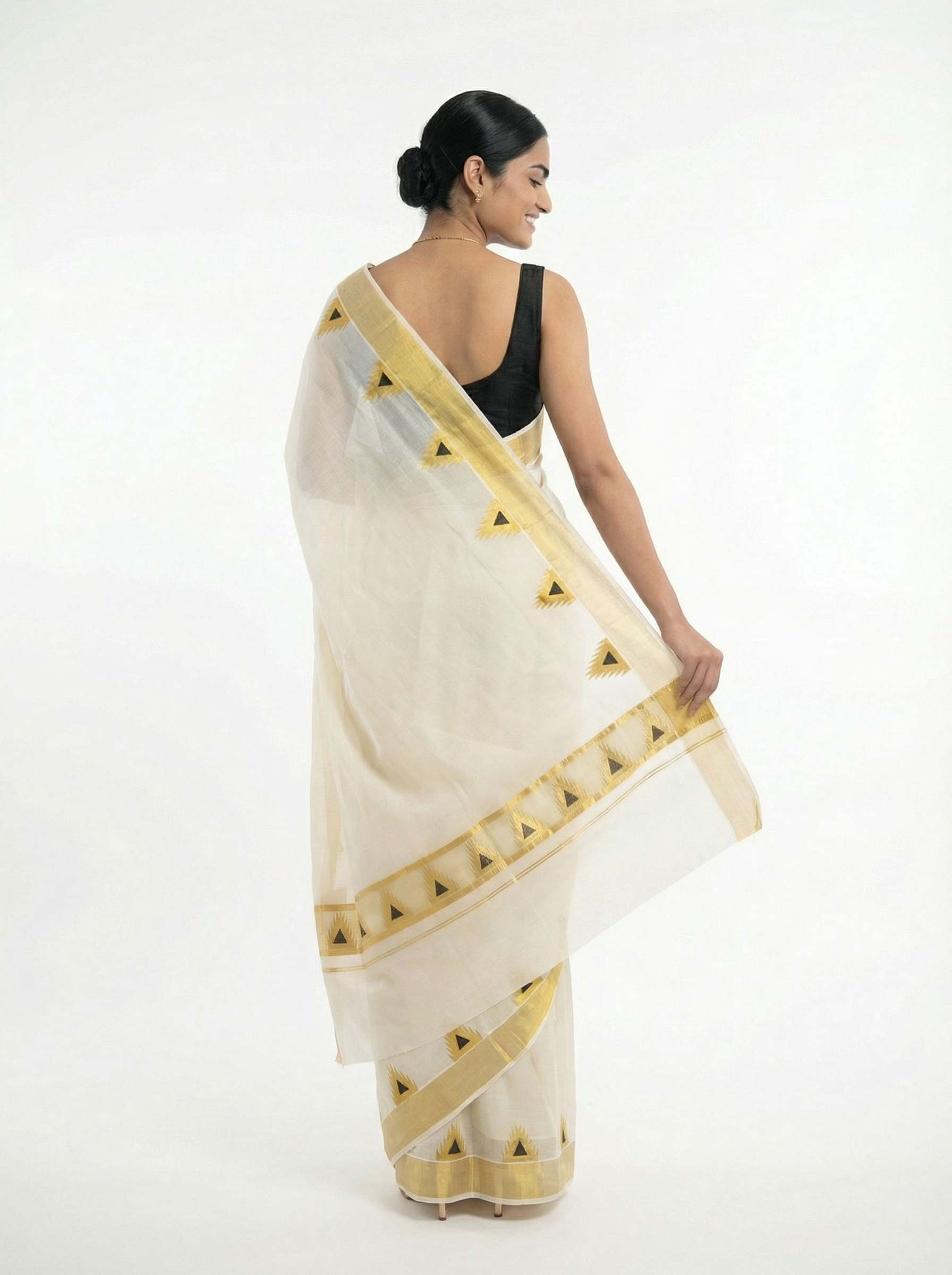 Cotton Cream Kasavu Saree with Gold Temple Motifs and Traditional Border