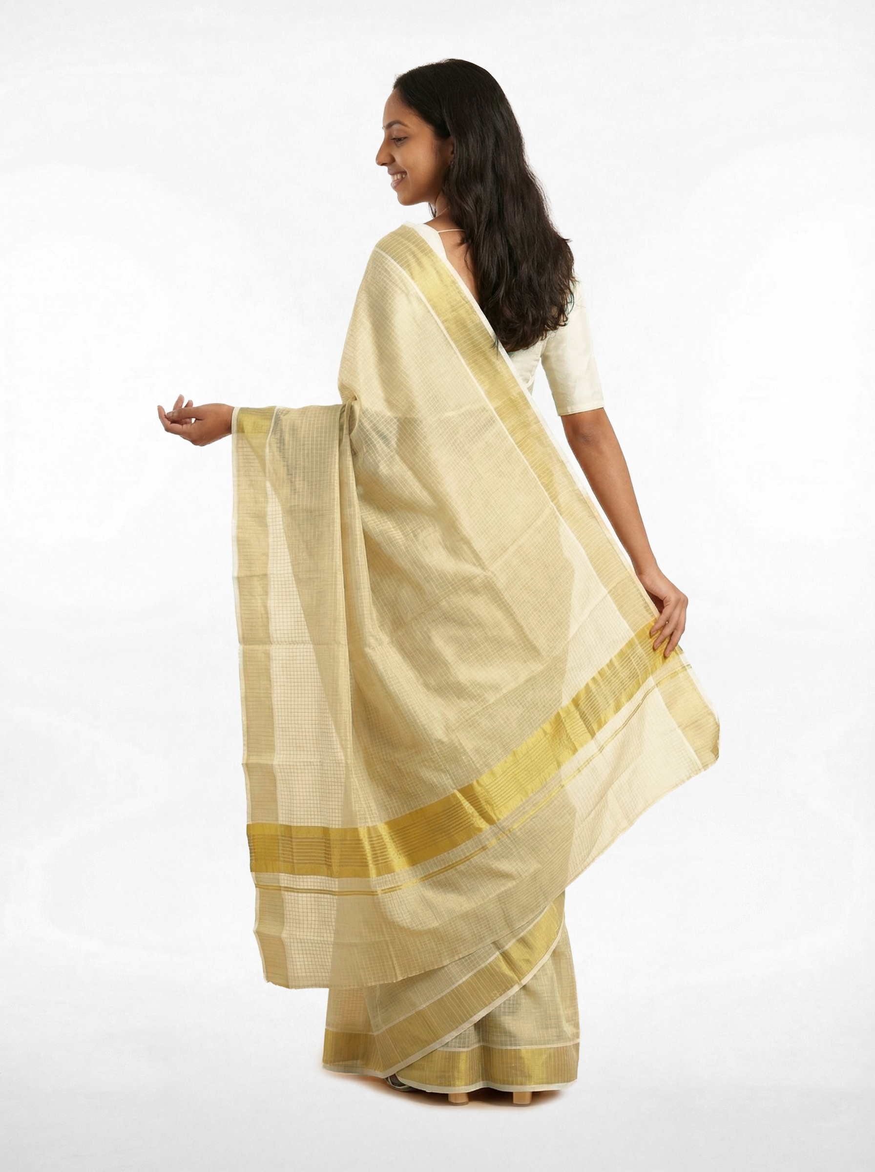 Cotton Cream Check Saree with All-Over Woven Grid Pattern & Gold Zari Border