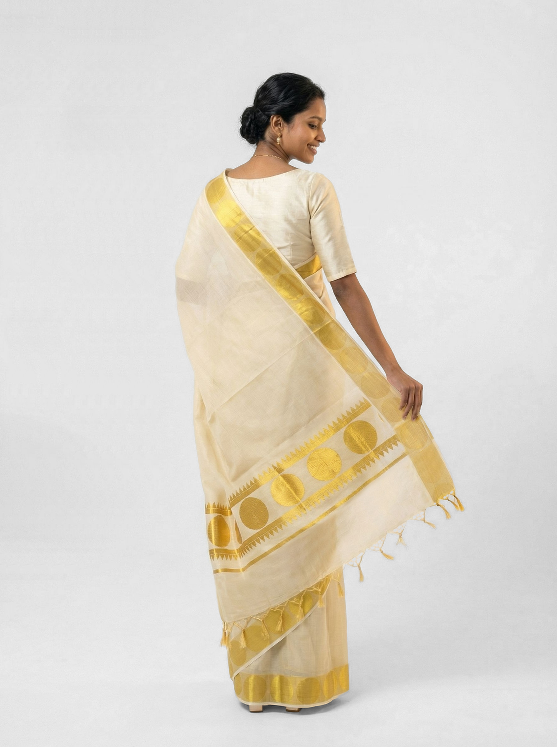 Cotton Kasavu Saree with Large Woven Gold Zari Circle Butta Body & Temple Motif Pallu