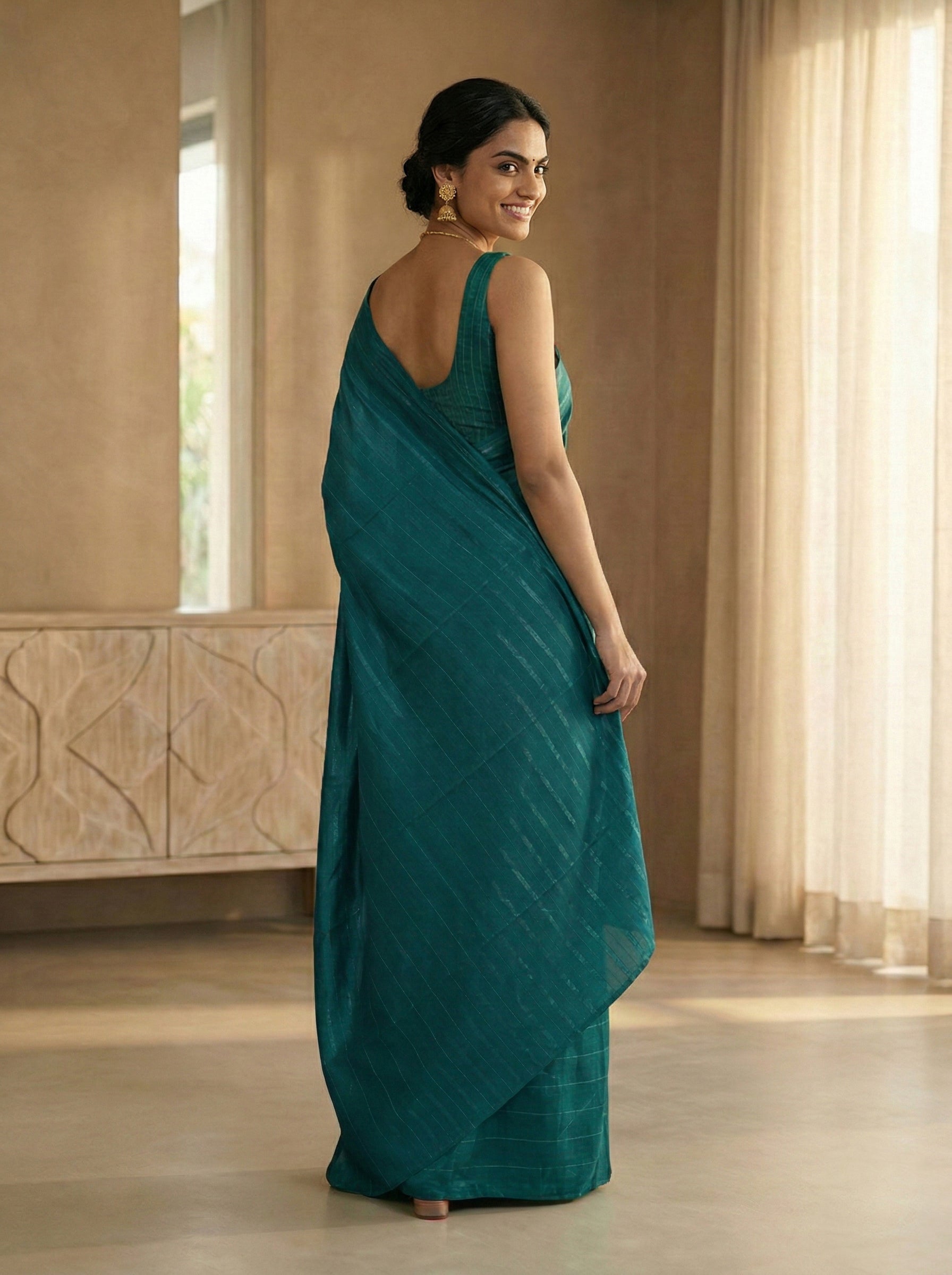 Synthetic blue Saree with Classic Stripe Weave