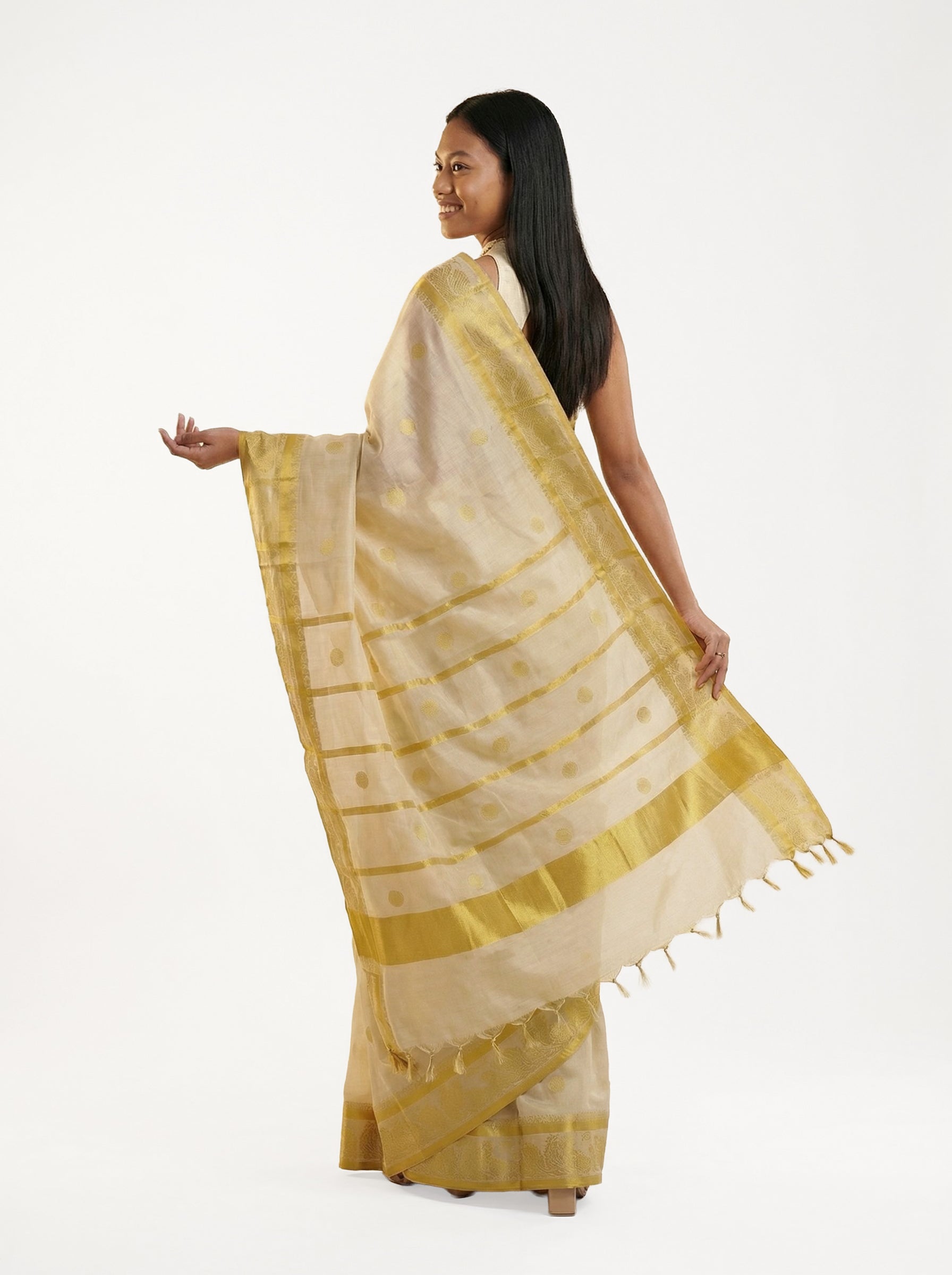 Cotton Cream Saree with Yellow Polka Dot Motifs, Woven Border and Tassel Pallu