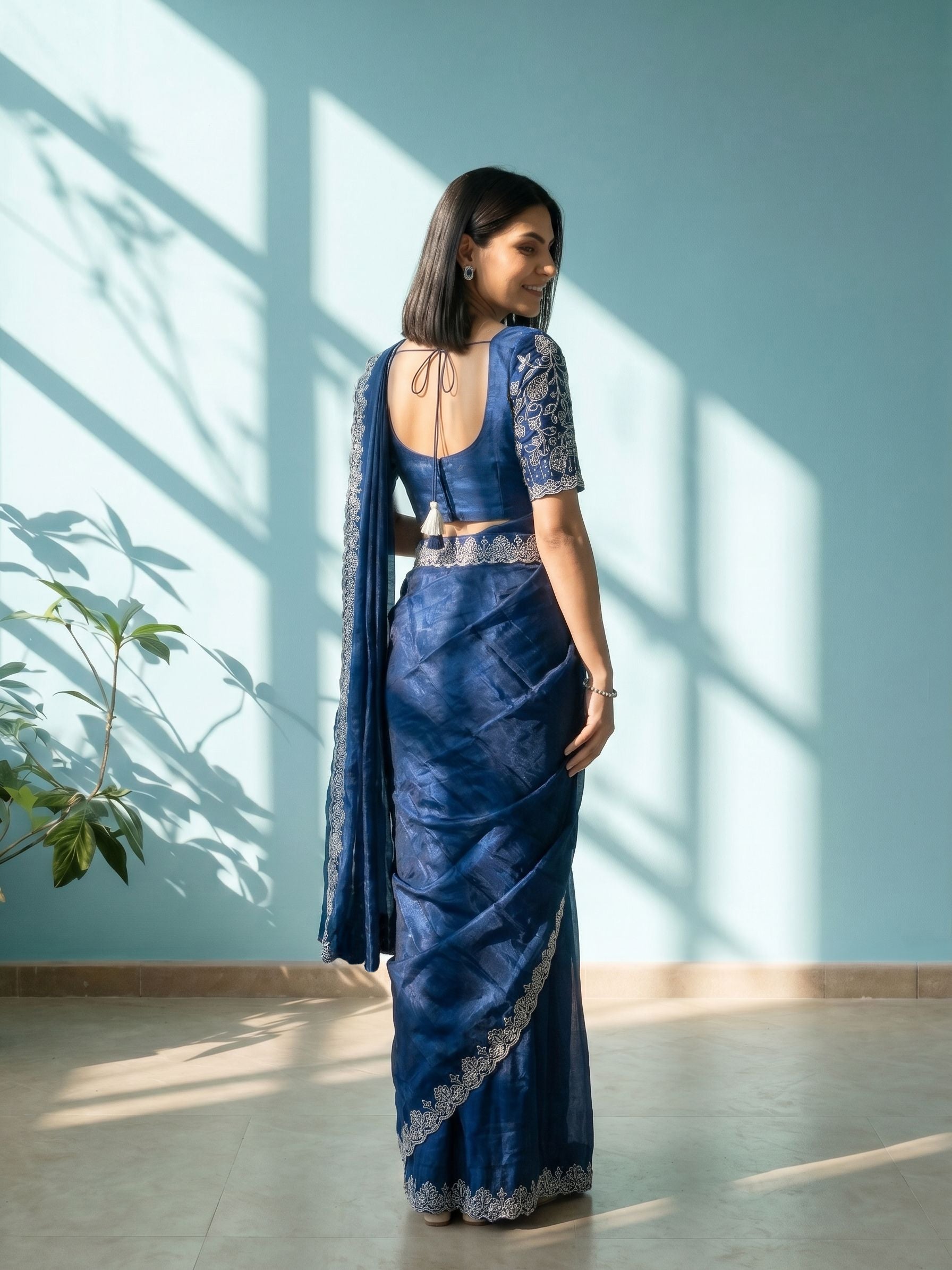 Shimmer Organza Sapphire Blue Elegant Border Work Ready to Wear Saree