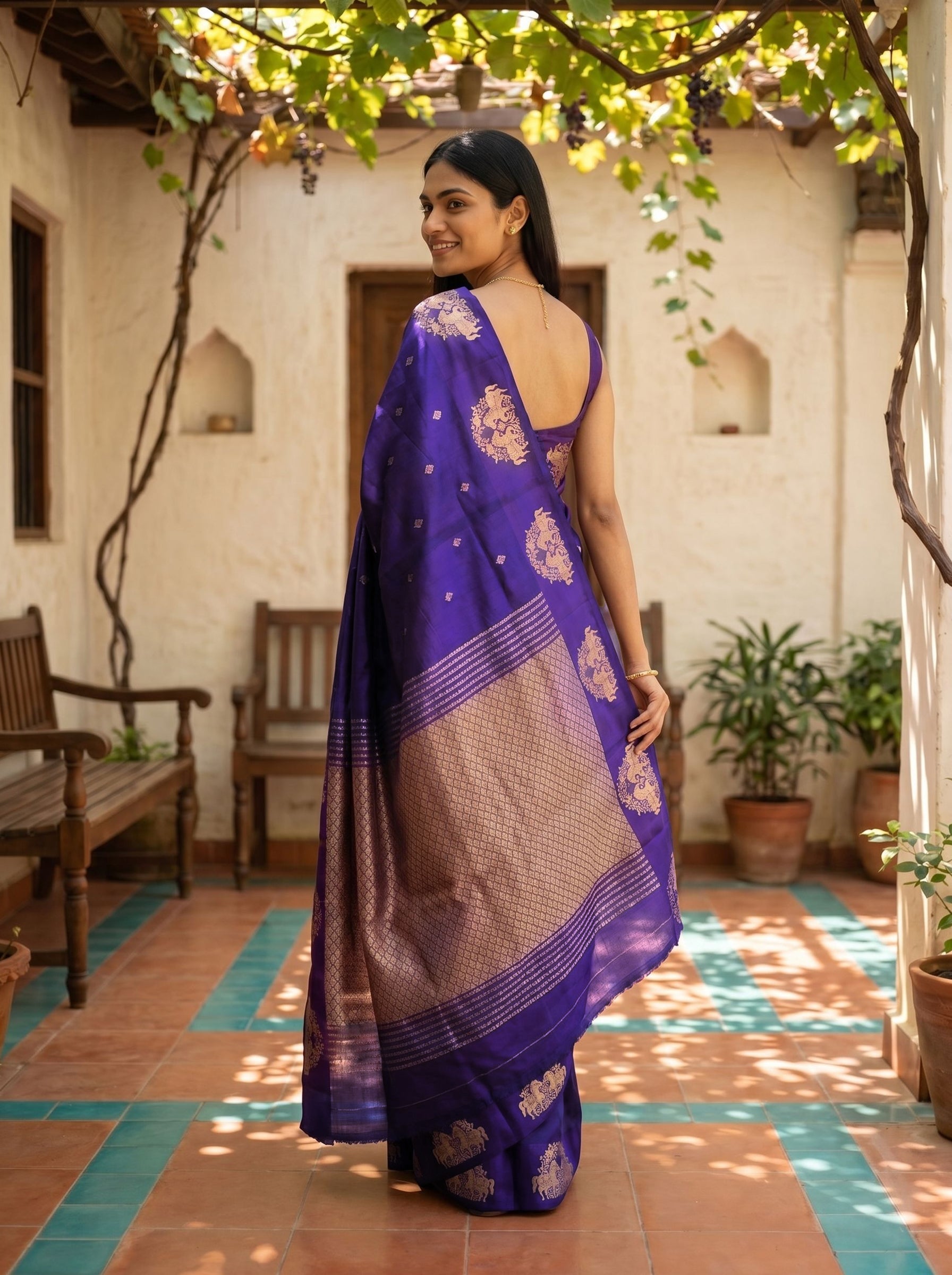 Tussar Royal Purple Traditional Zari Motif Saree