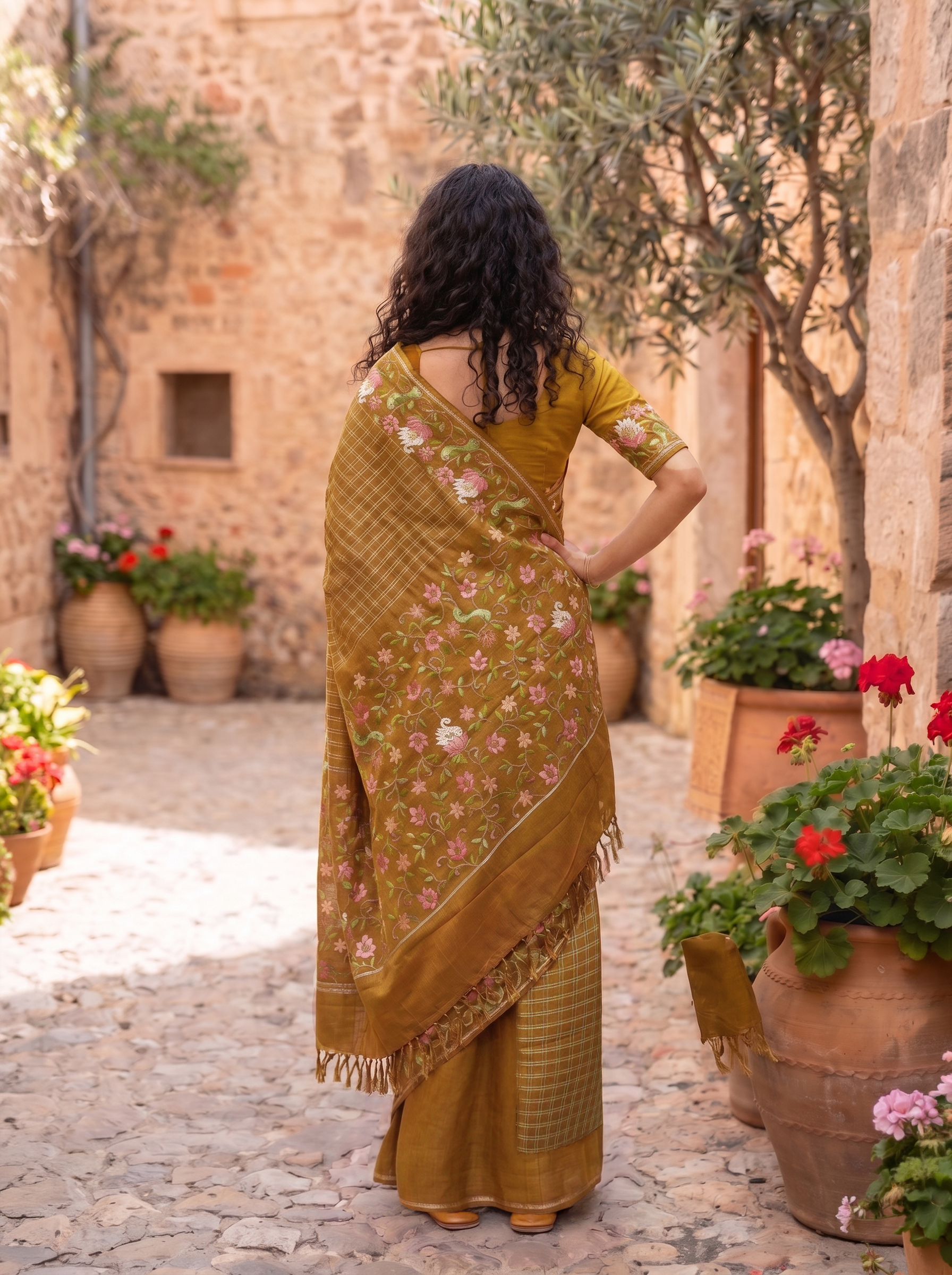 Semi Tussar Olive Green Checkered Saree with Embroidered Floral Border
