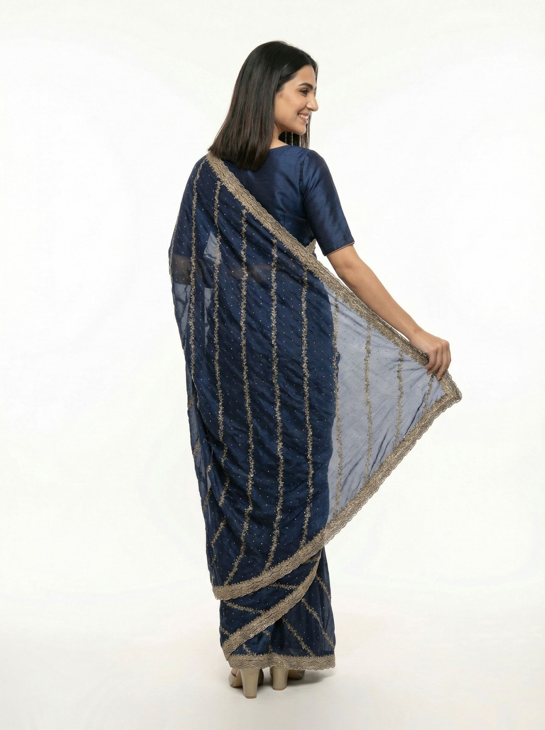 Shimmer Organza Blue Diagonal Stripe Designer Saree with Sequin Work and Embroidered Border