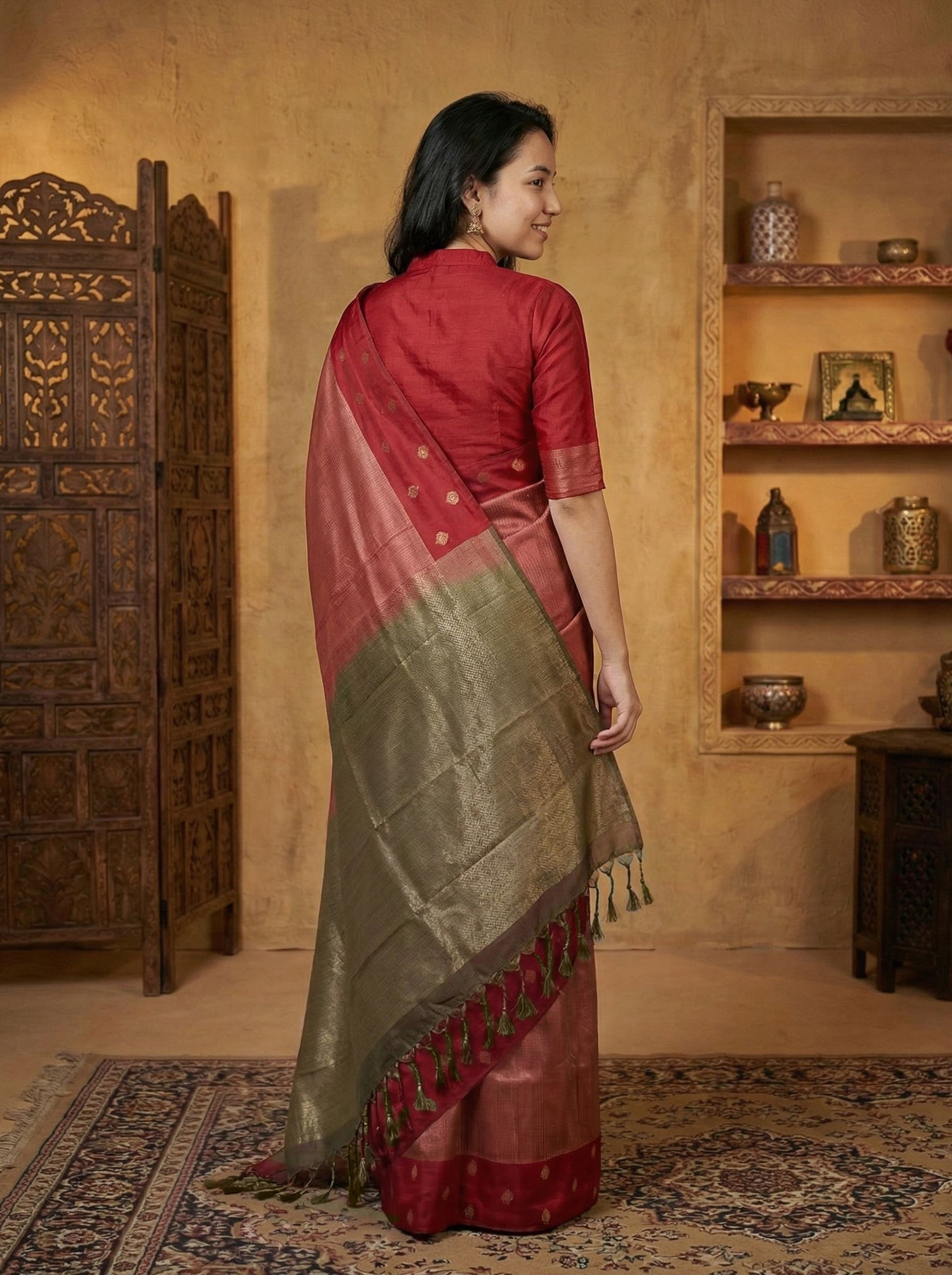 Semi Silk Rust Red Traditional Saree with Rich Zari Weaving