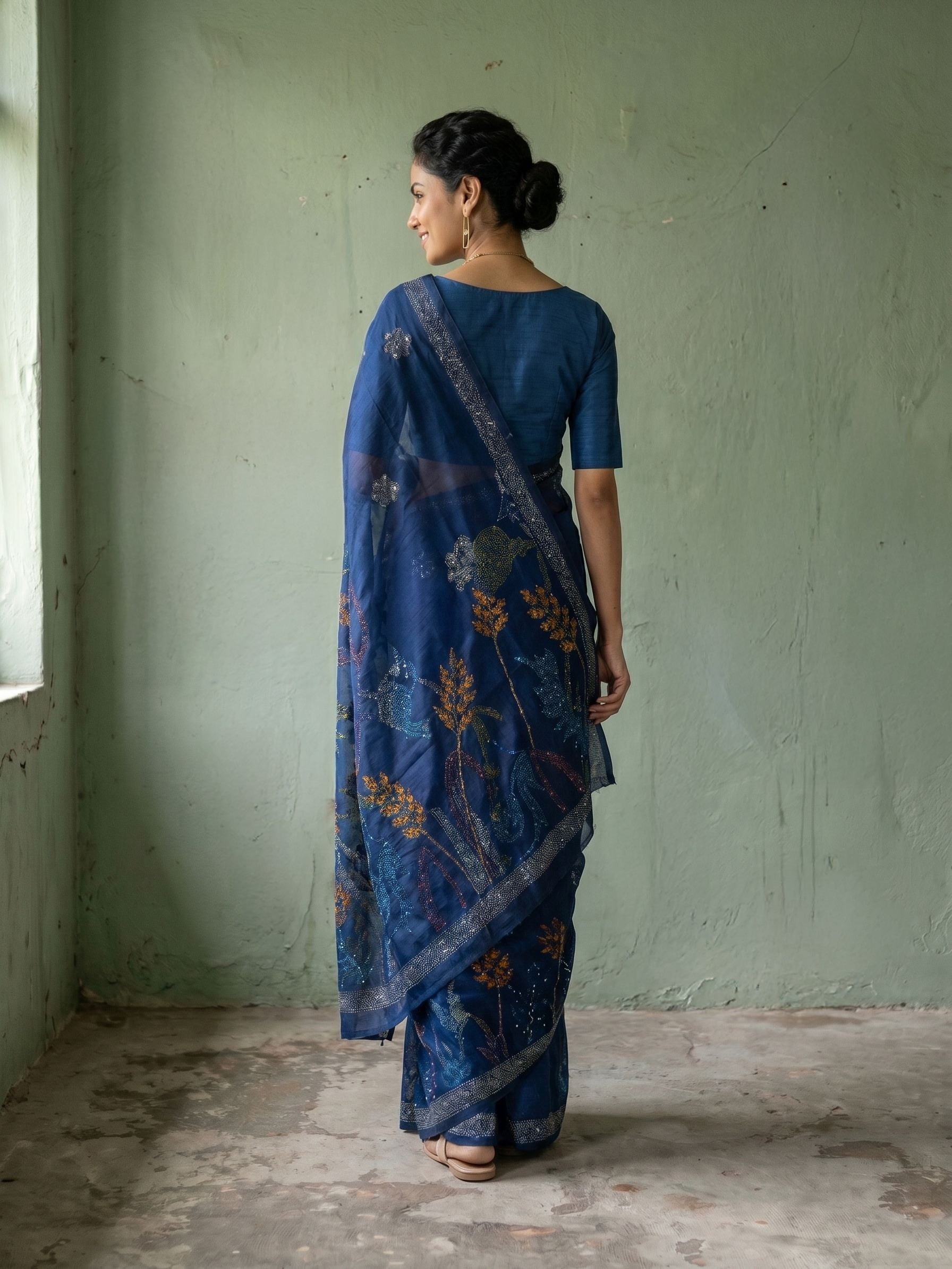 Soft Organza Royal Blue Multicolour Kantha & Sequin Embroidered Botanical Saree with Zari Border