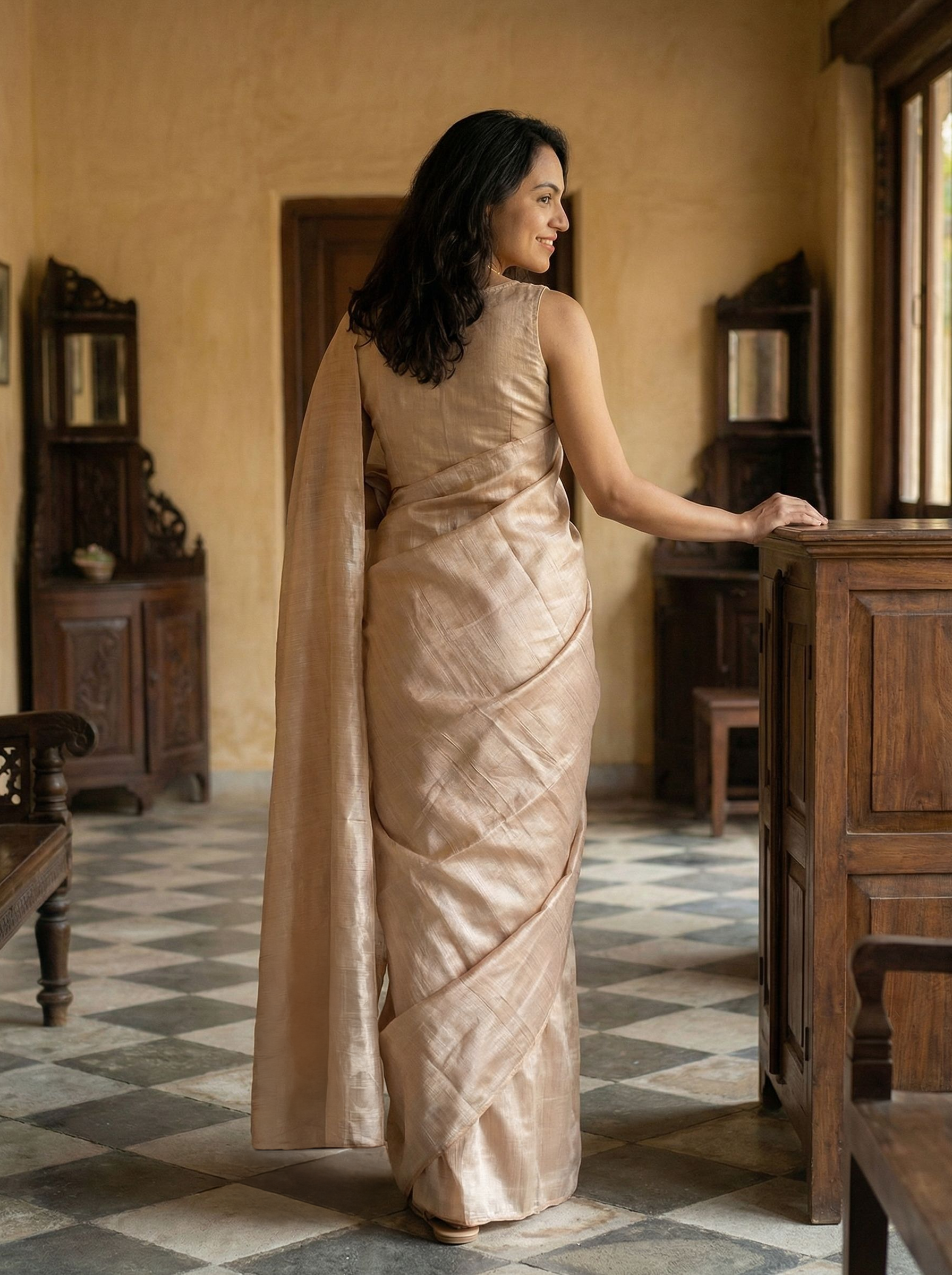 Kanjivaram silk Pastel Beige Plain Saree with Elegant Self-Border