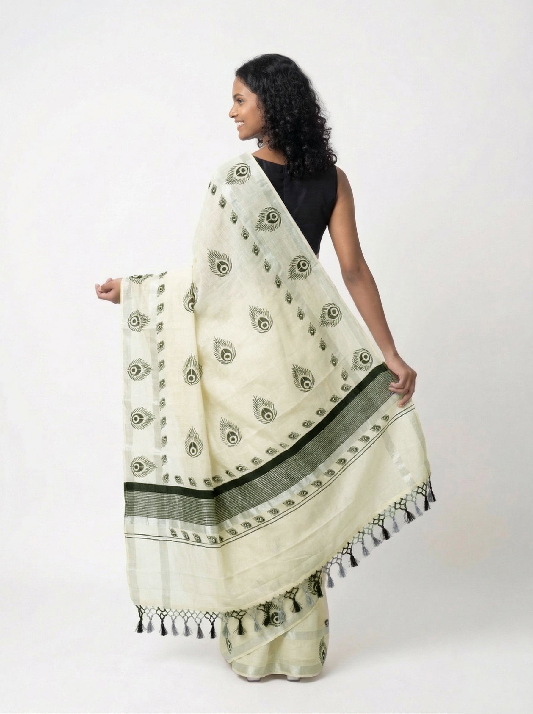 Soft Cotton Cream Saree with Black Peacock Motif Print Pattern Set Saree