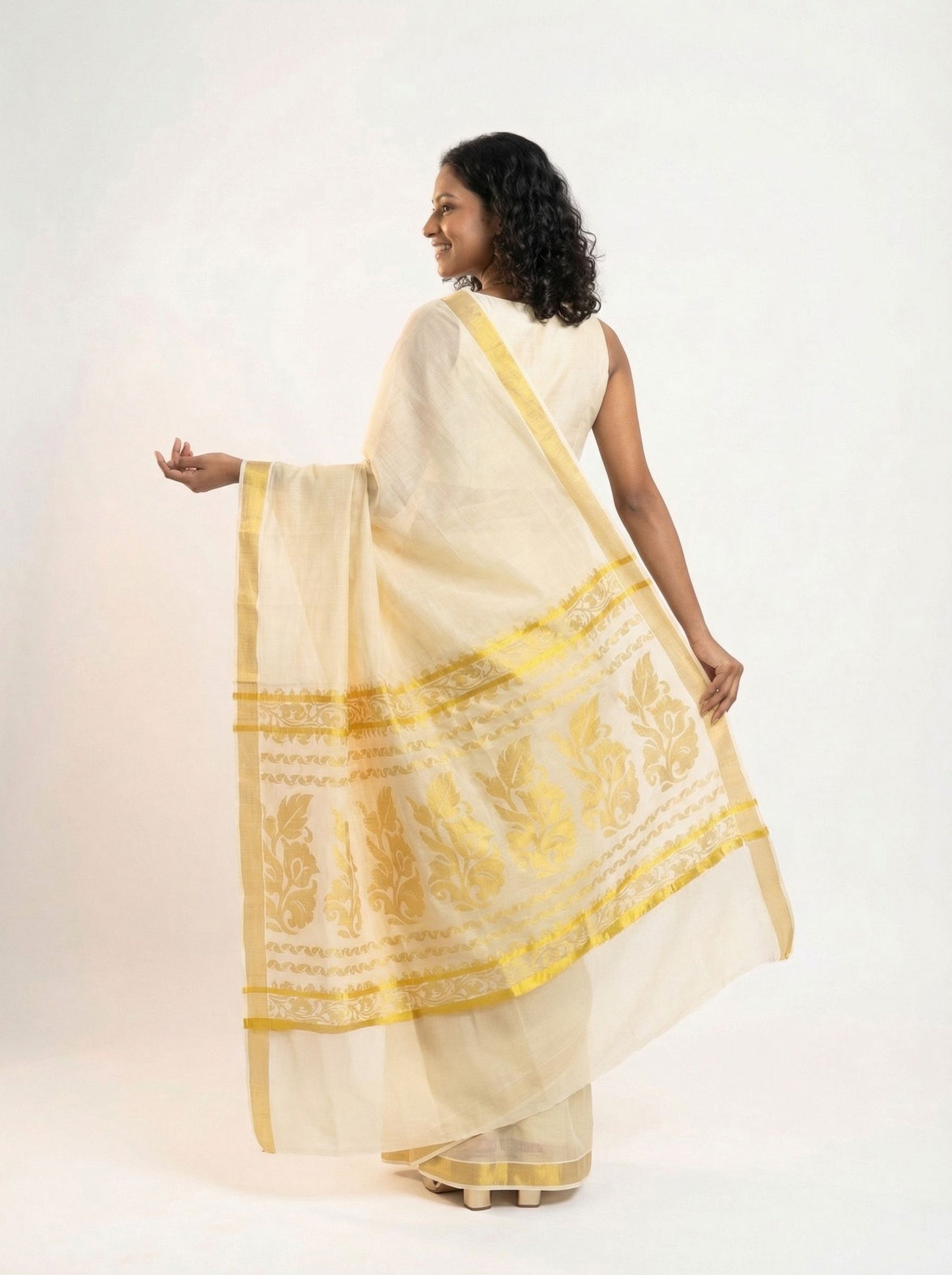 Soft Cotton Cream Saree with Plain Body and Golden Border Set Saree