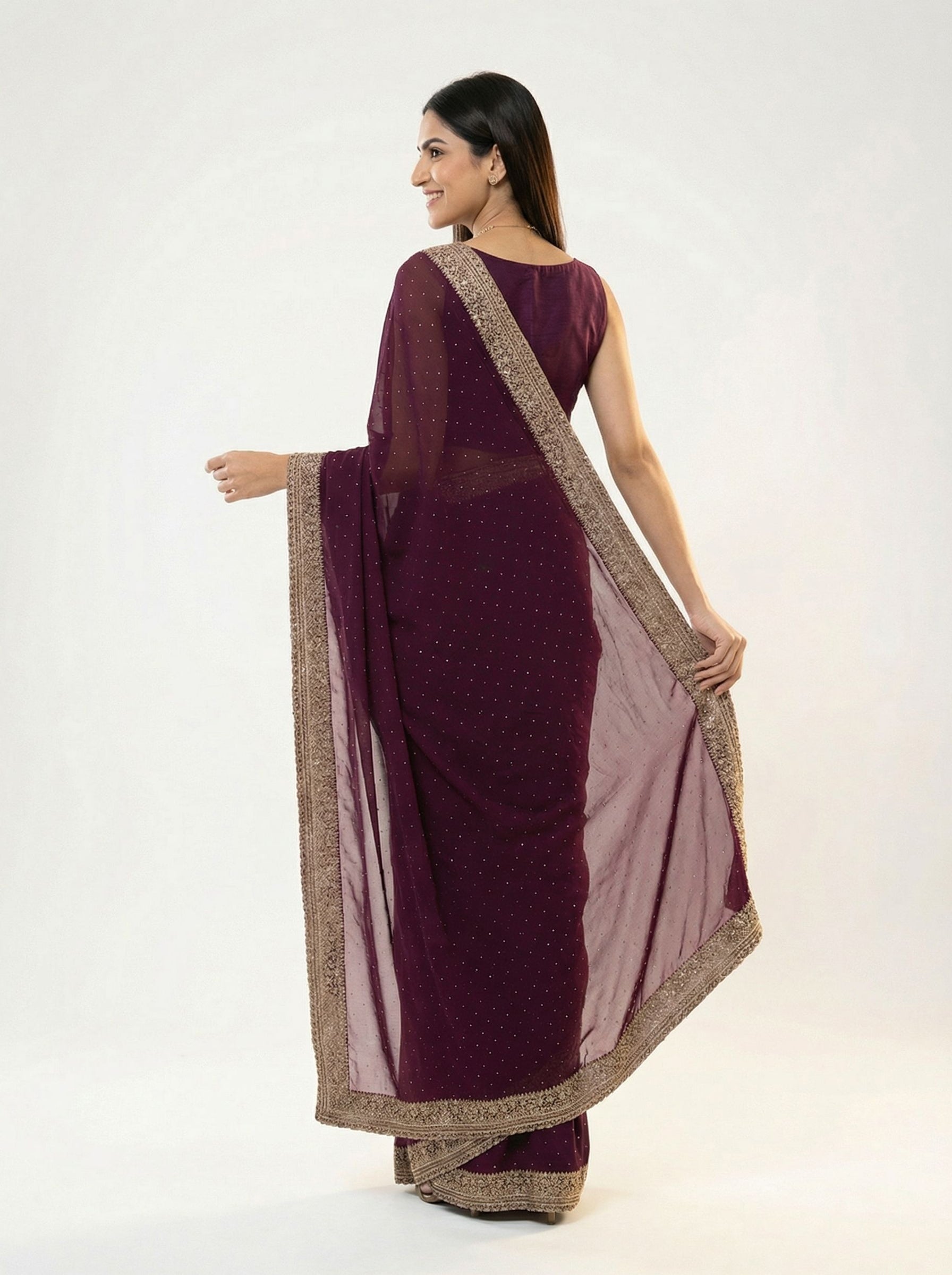 Geogette Wine Purple Zari Embellished Designer Saree
