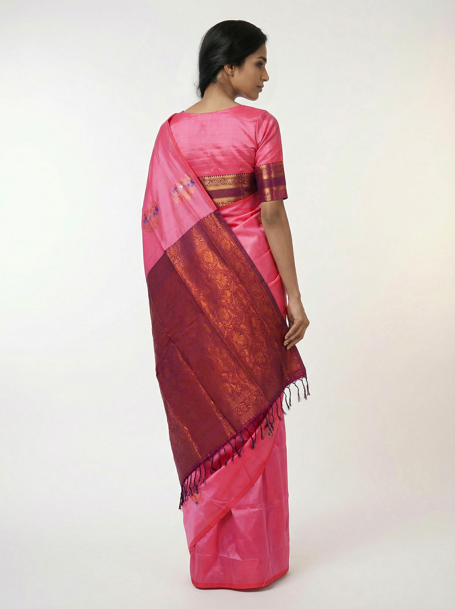 Semi Silk Rose Saree with Multicolour Zari Floral Design