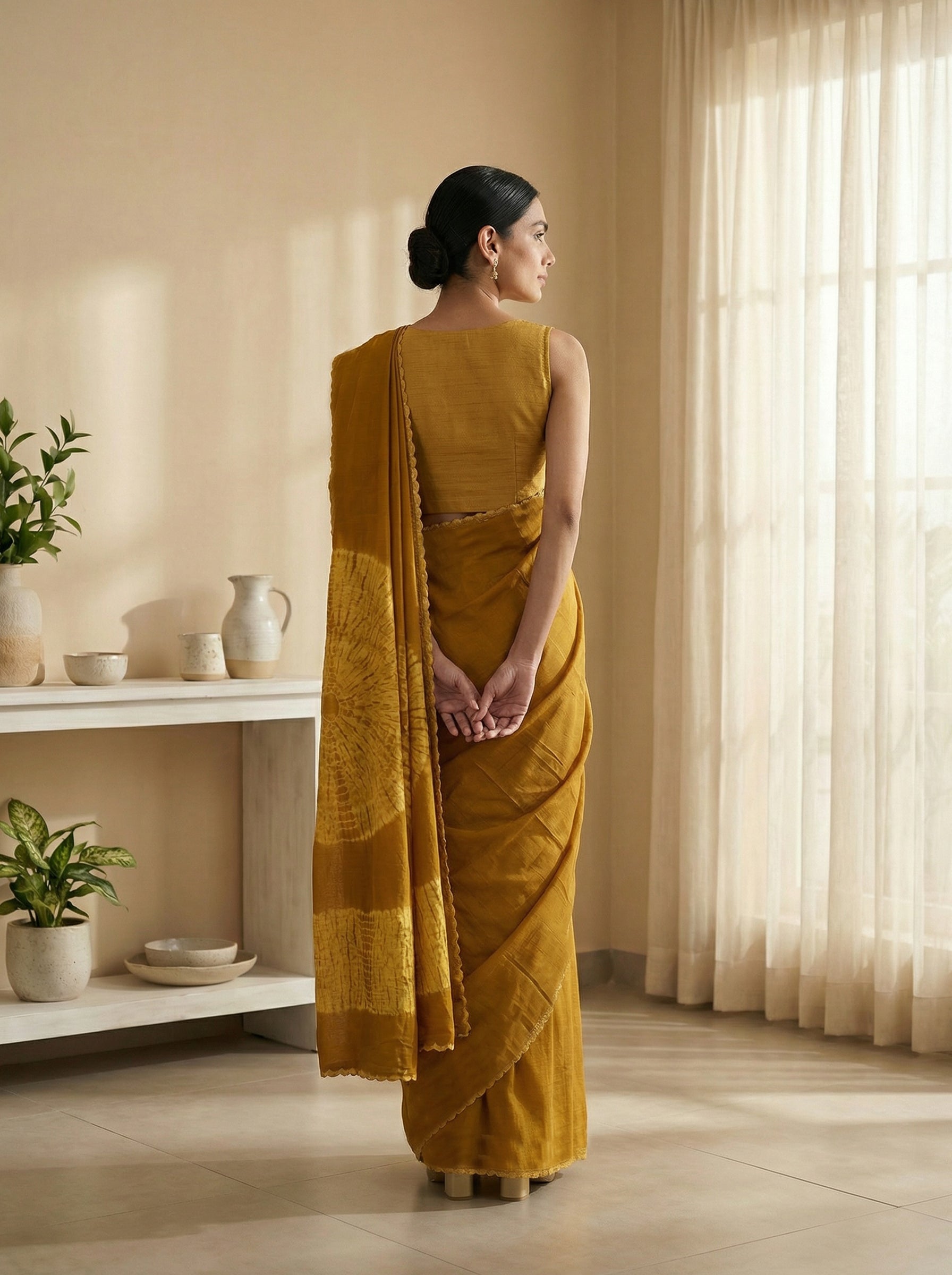 Modal Mustard Yellow Scallop Border Saree