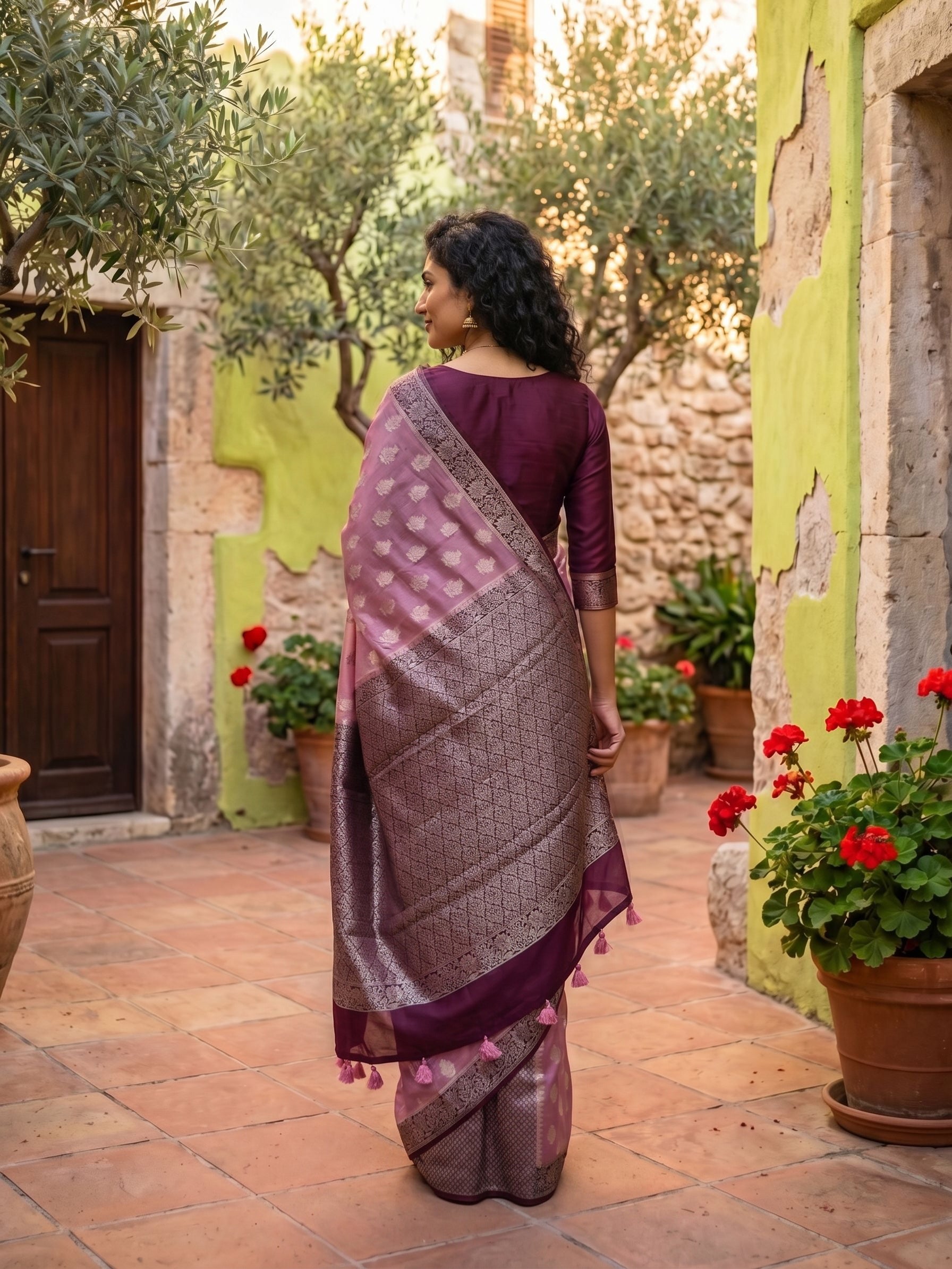 Semi Tussar Dusty Pink Gold Butta Traditional Saree