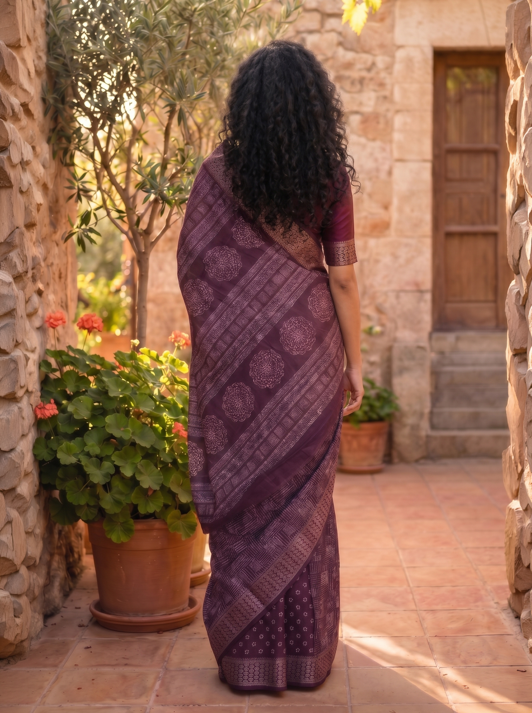 Semi Tussar Wine Purple Geometric Pattern Saree