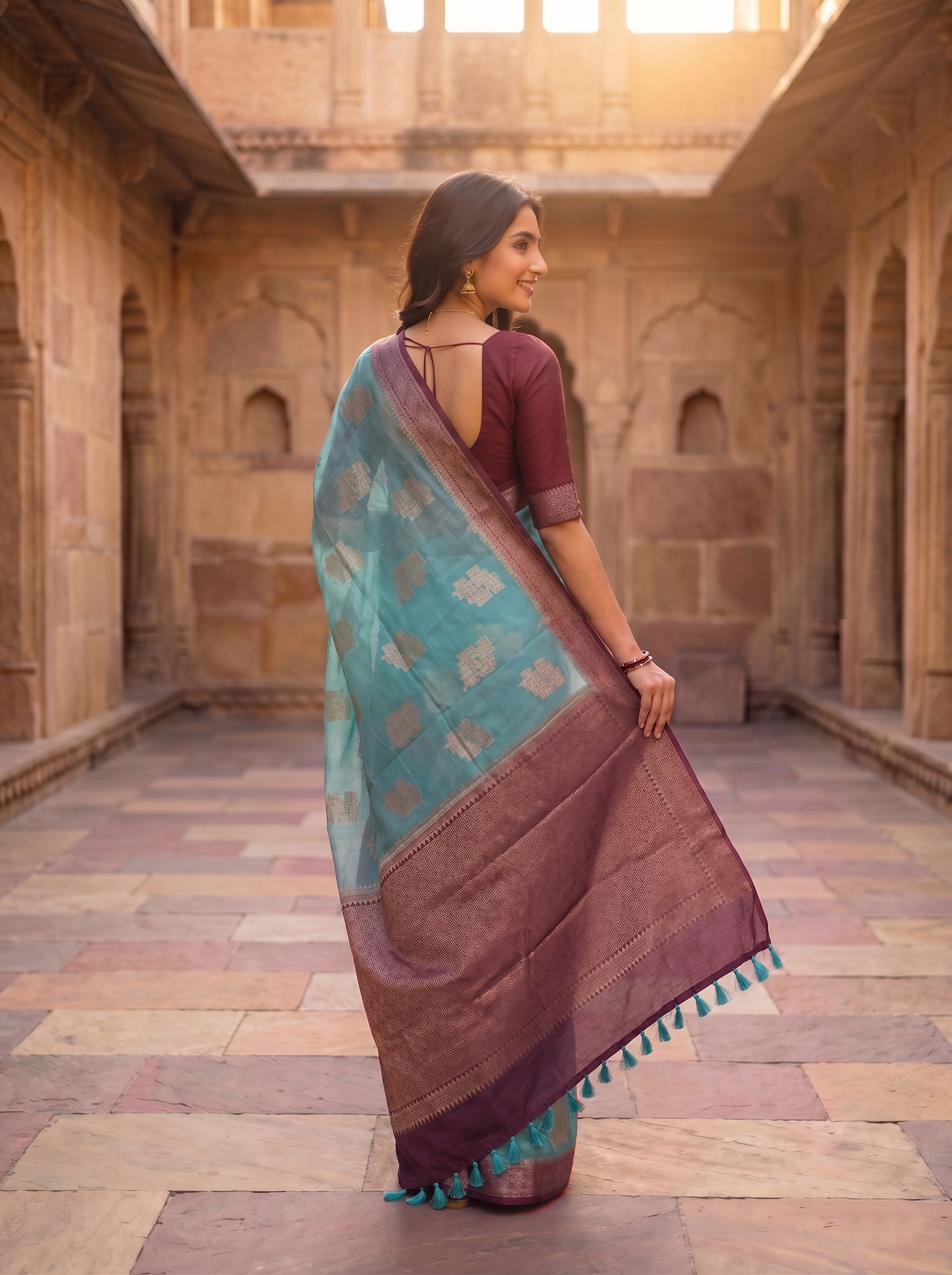Semi Tussar Aqua Blue Traditional Motif Saree