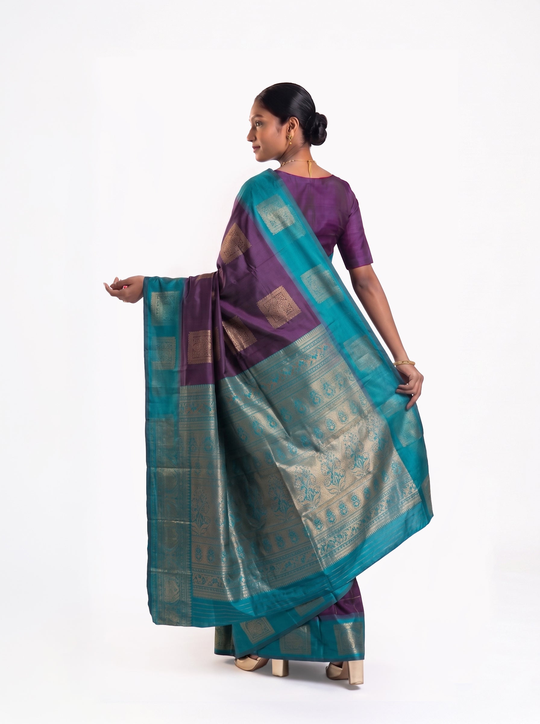 Art Silk Deep Purple and Turquoise Blue Zari Woven Saree with Geometric Block Pattern