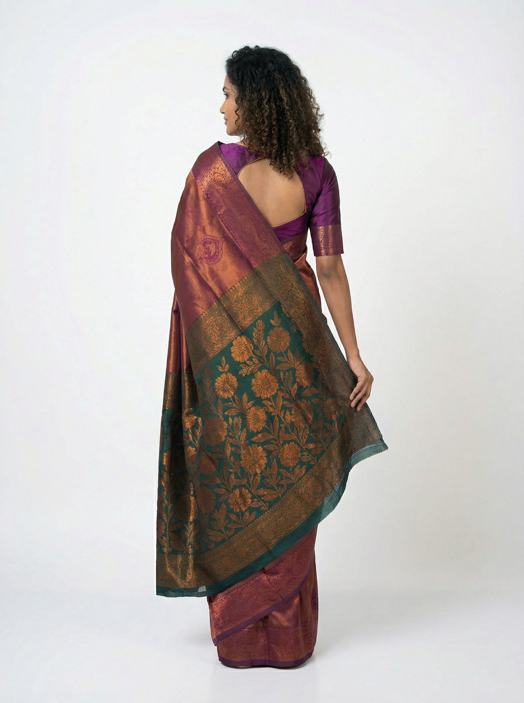 Semi Silk Women’s Grape Saree with Designer Floral Pattern & Green Blouse