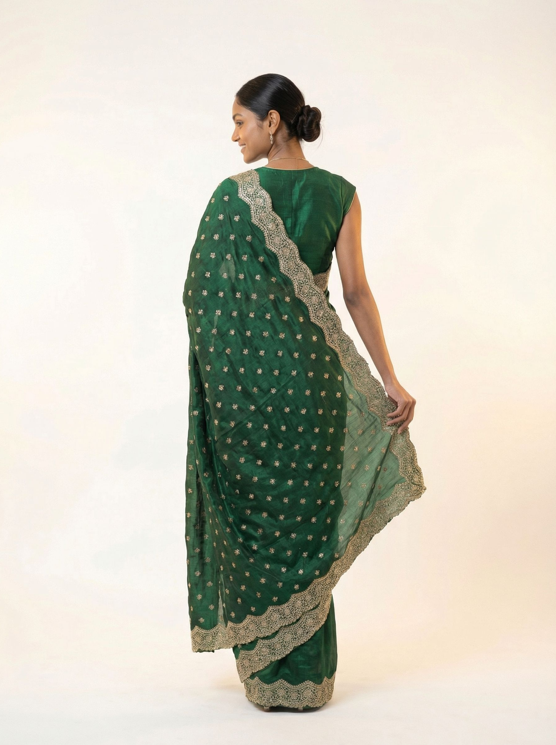 Shimmer Organza Bottle Green Polka Dot Designer Saree with Heavy Embroidered Border