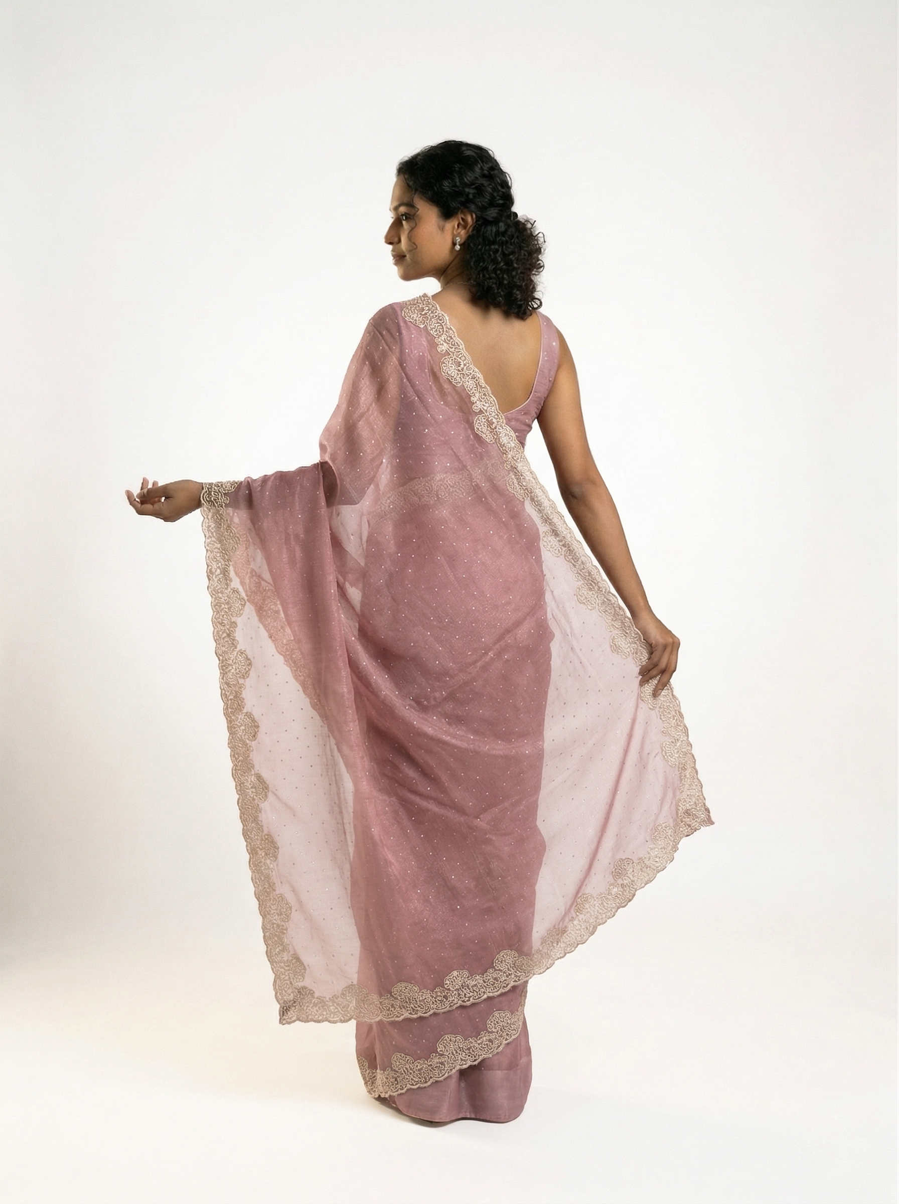 Shimmer Organza Soft Pink Plain Designer Saree with Micro Dot Work and Embroidered Border