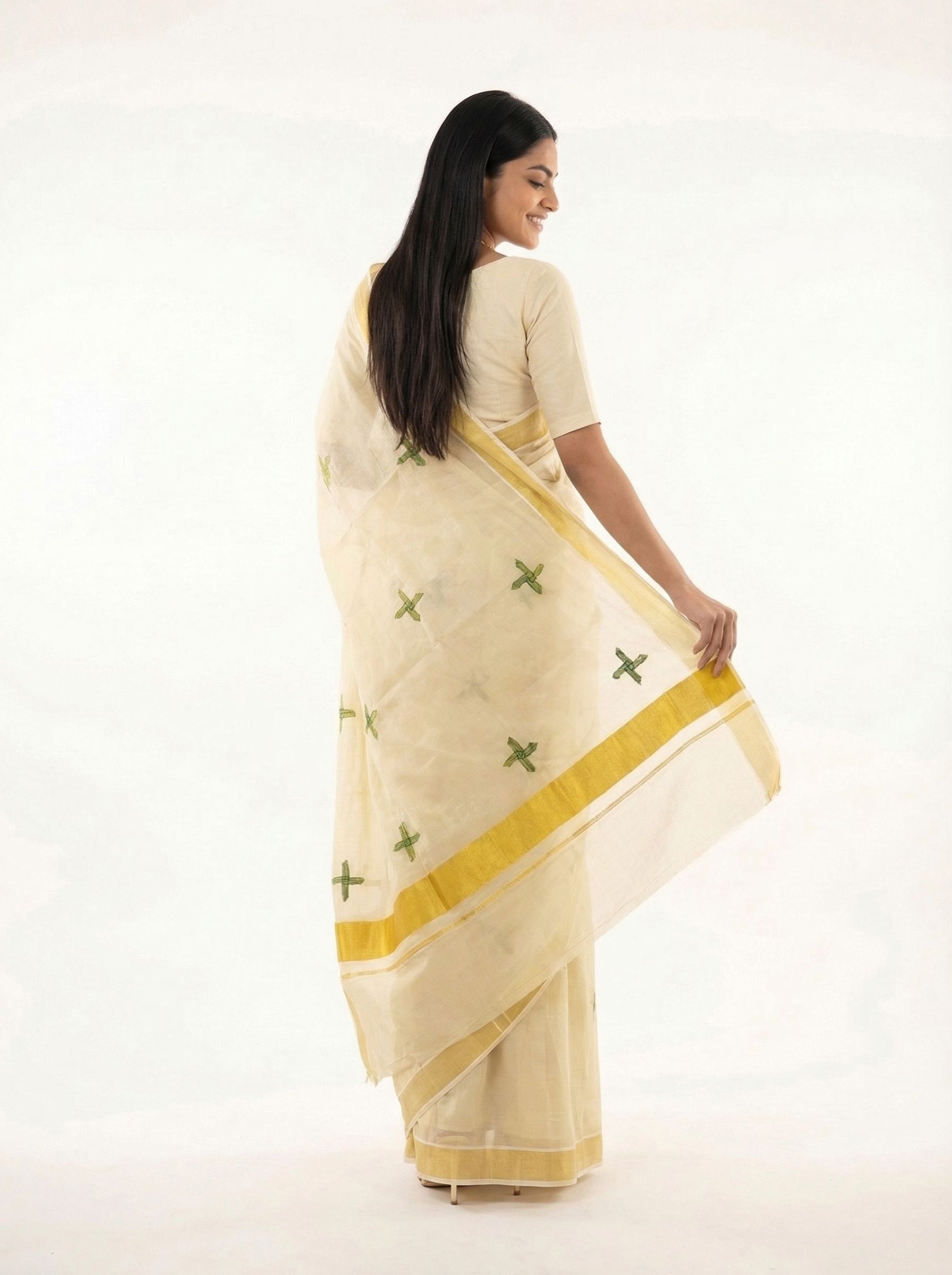 Cotton Cream Saree with Green Cross Motif Pattern Set Saree