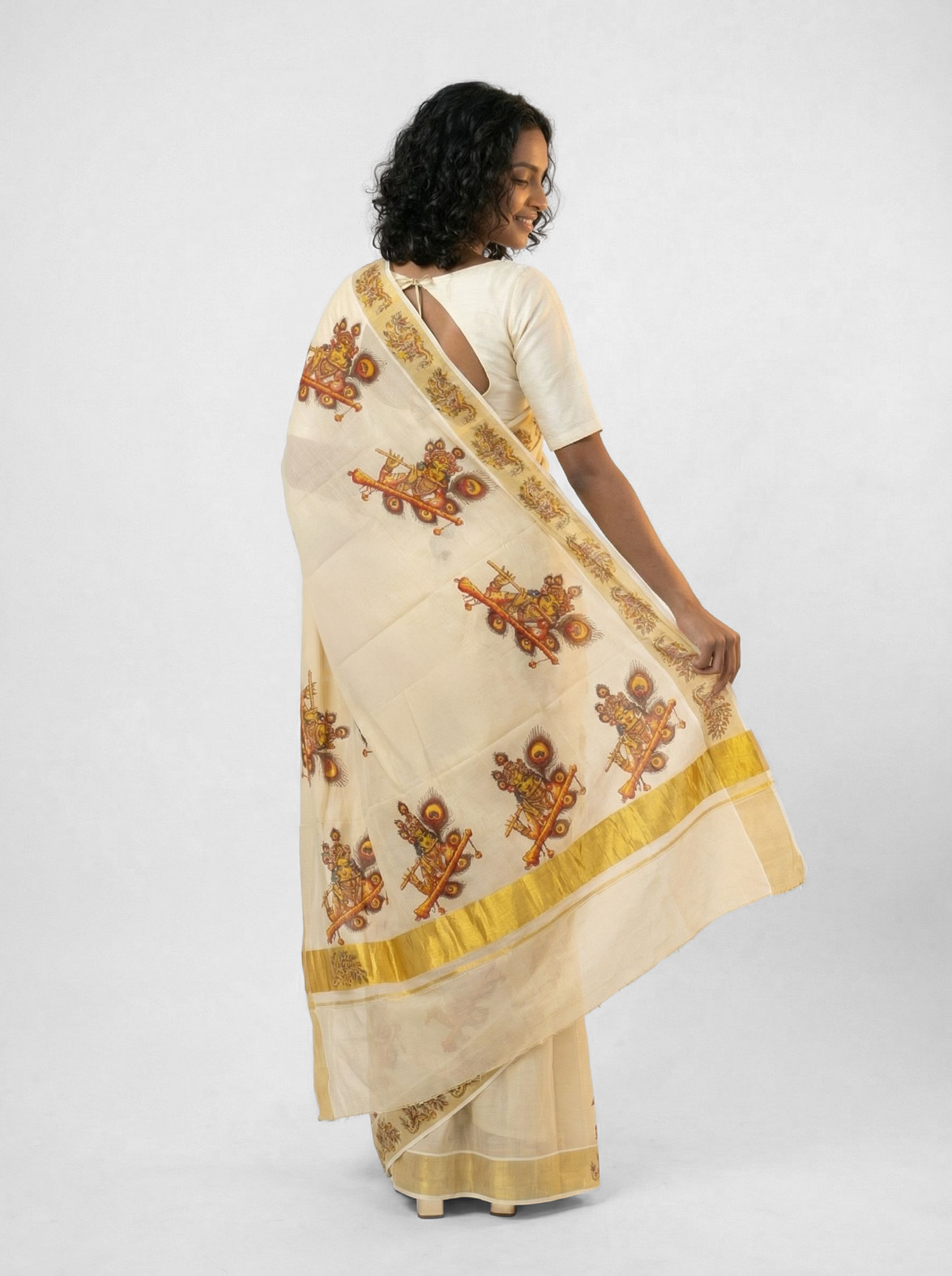 Cotton Kasavu Saree Cream & Gold  Krishna Mural Digital Print Traditional & Temple Festival Saree