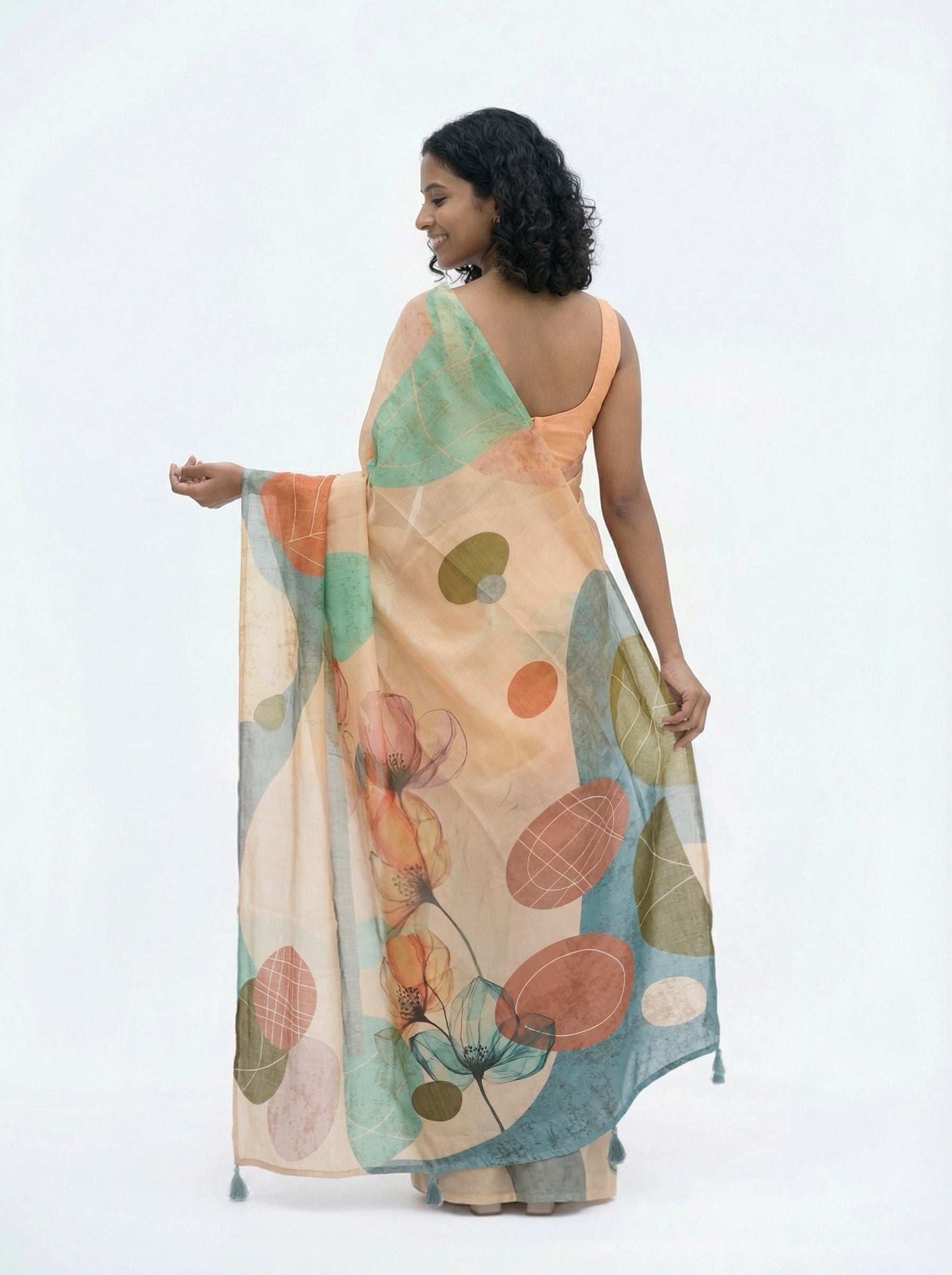 Chanderi Cotton Peach Floral Digital Print Saree