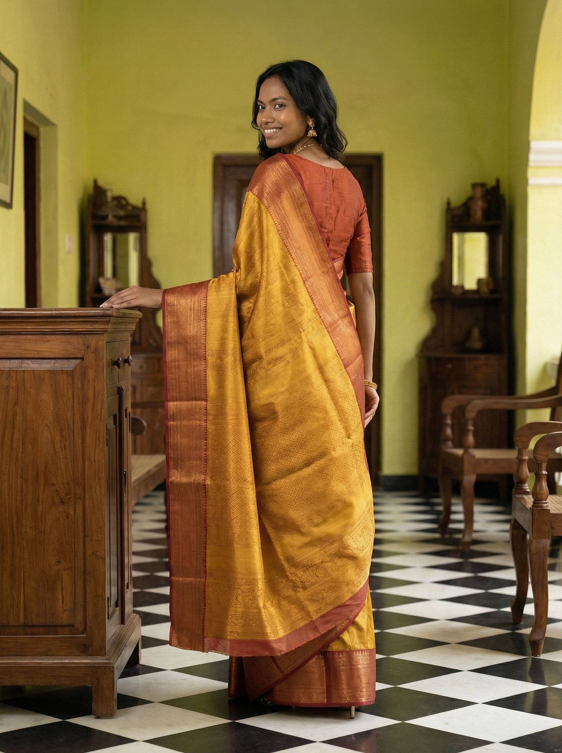 Kanjivarm Pure silk Mustard Gold Self-Design Saree with Copper Zari Border