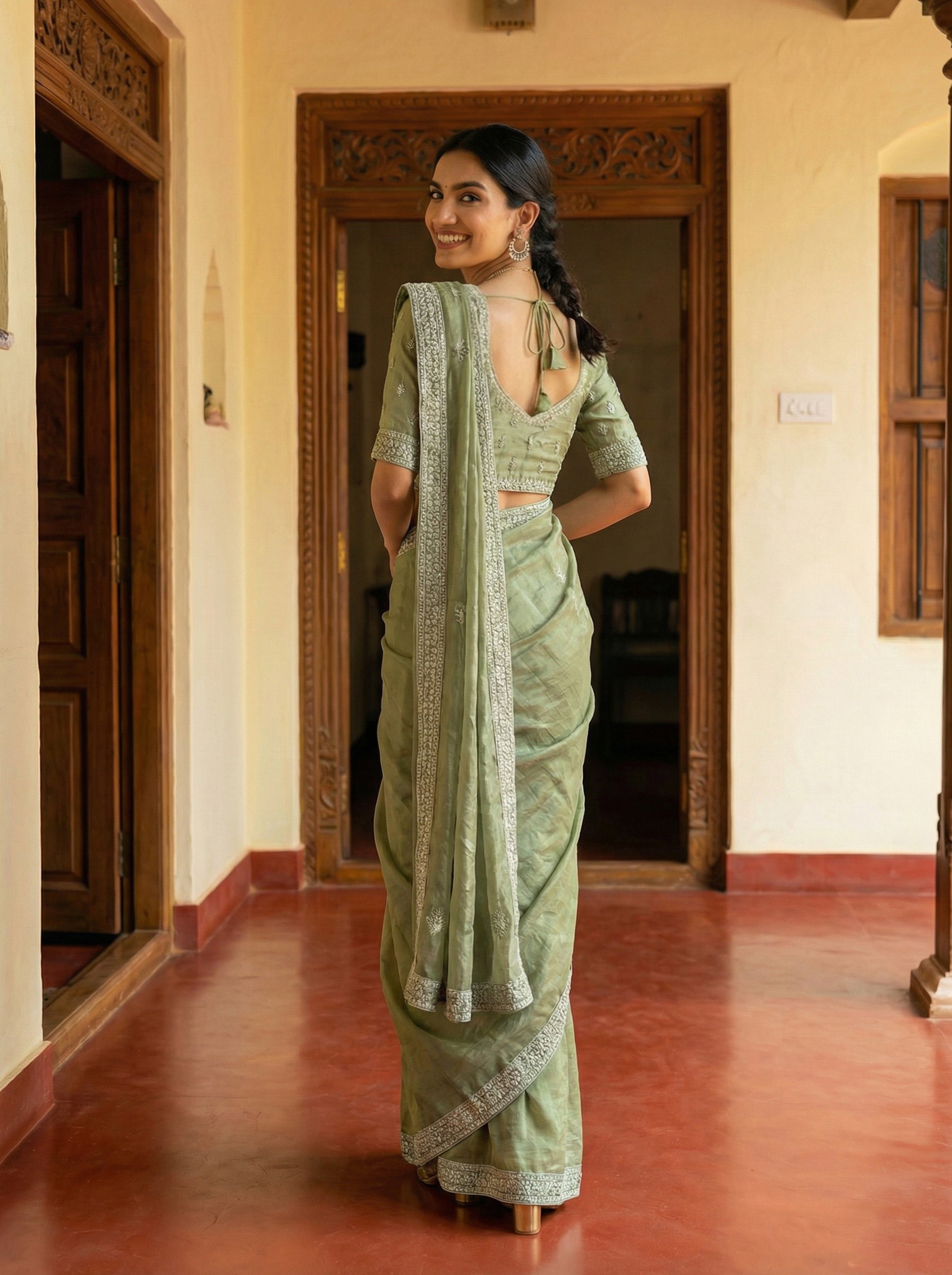 Satin Olive Green Elegant Ready to Wear Thread Work Saree