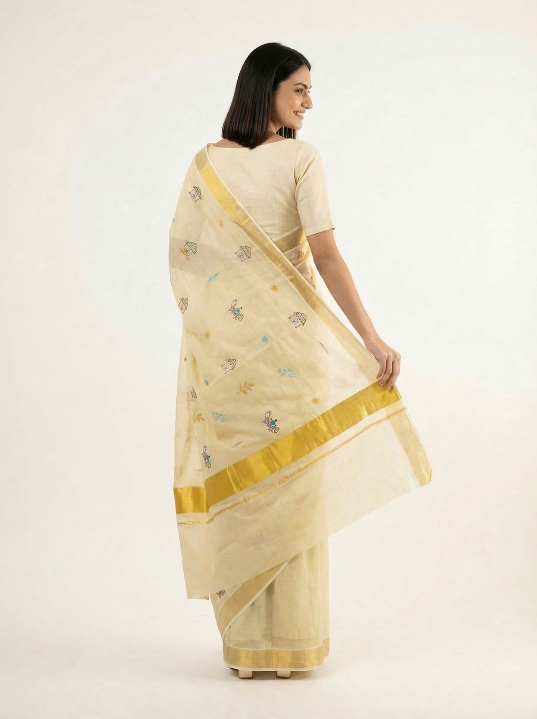 Tissue Cream Kasavu Border Set Saree with Embroidered Patterns