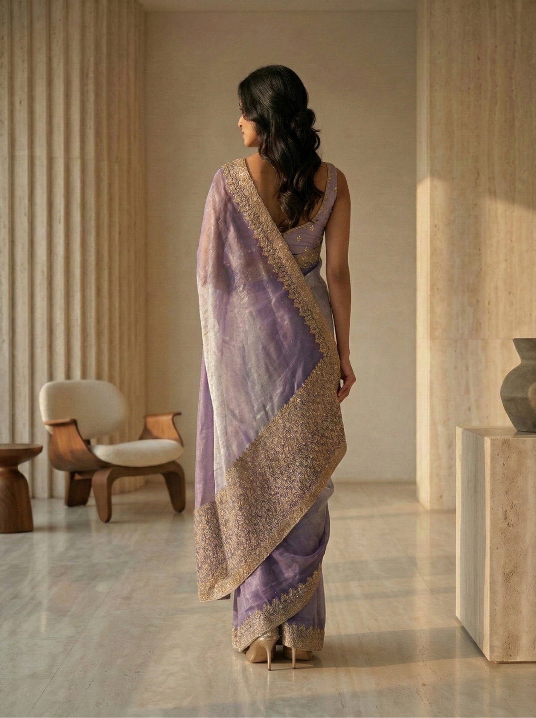 Organza Lavender Purple Zari Border Designer Saree