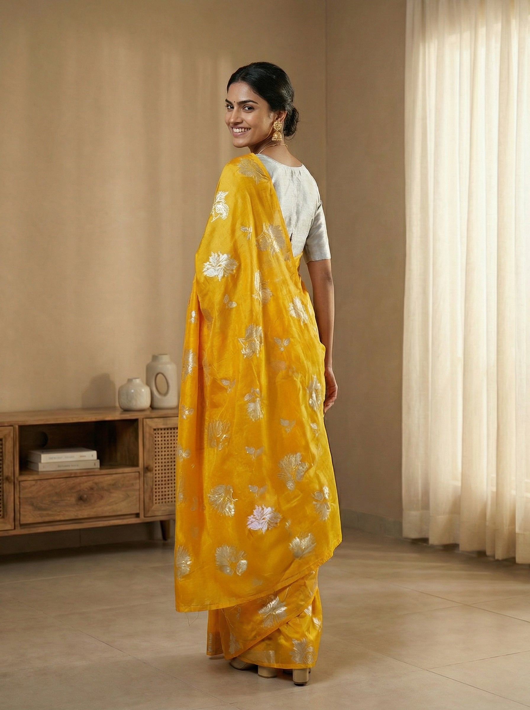 Synthetic Yellow Saree with Allover Floral Motifs