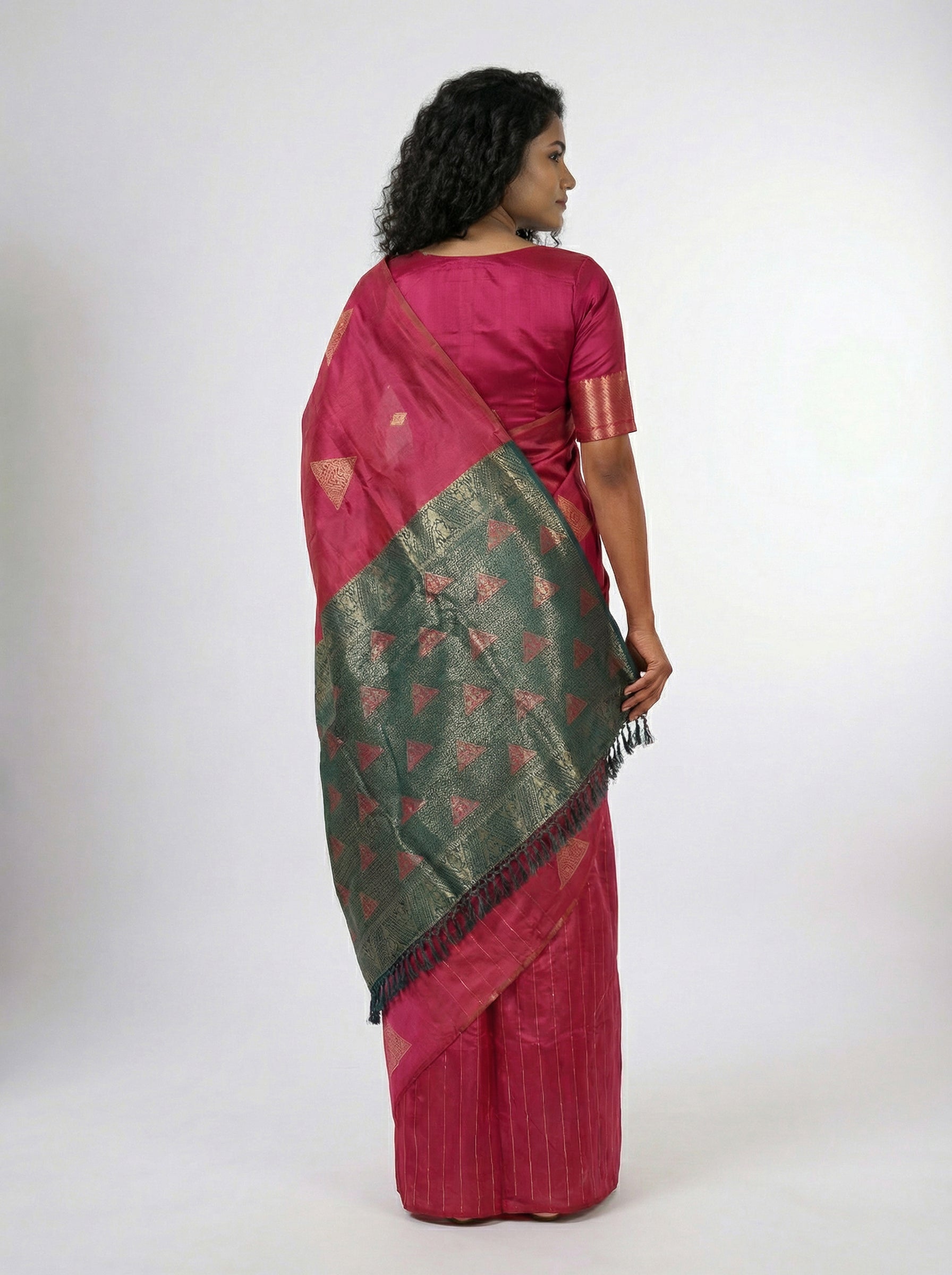 Semi Silk Ruby Pink Saree for Women with Triangle Paisley Butta