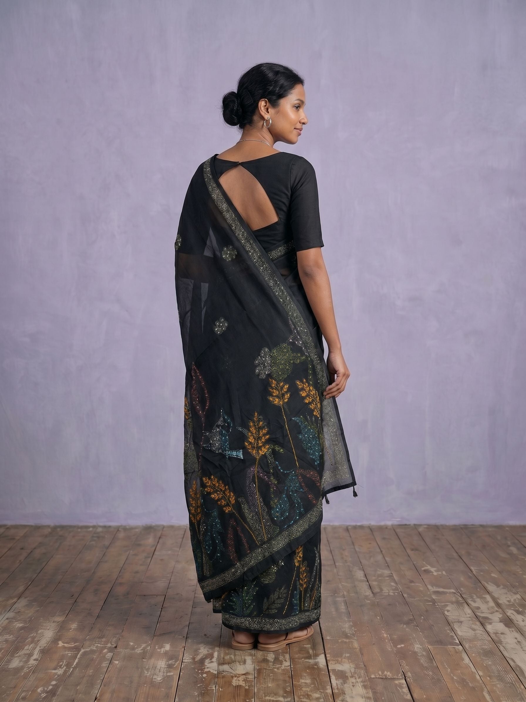 Soft Organza Black Multicolour Kantha & Heavy Sequin Embroidered Botanical Saree with Crystal Zari Border