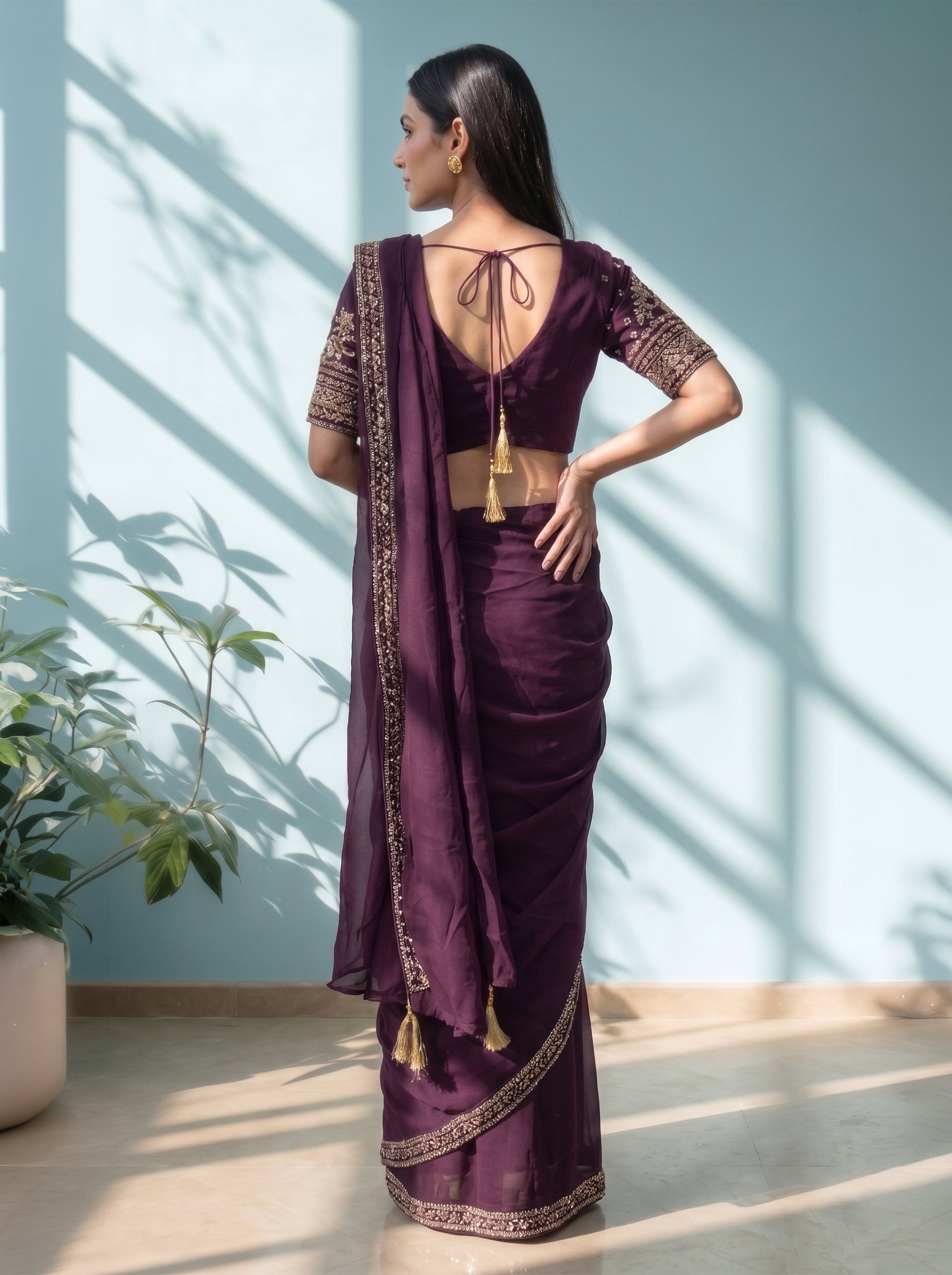 Georgette Wine Purple Embroidered Border Ready to Wear Saree