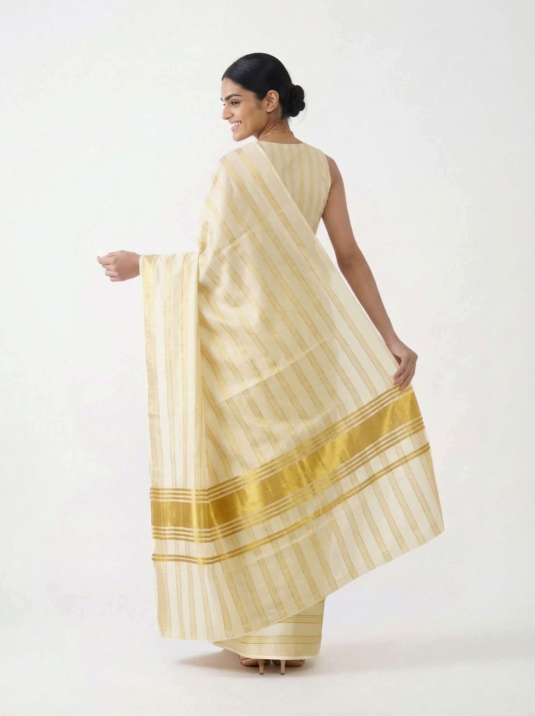 Tissue Cream Saree with Gold Striped Pattern Set Saree