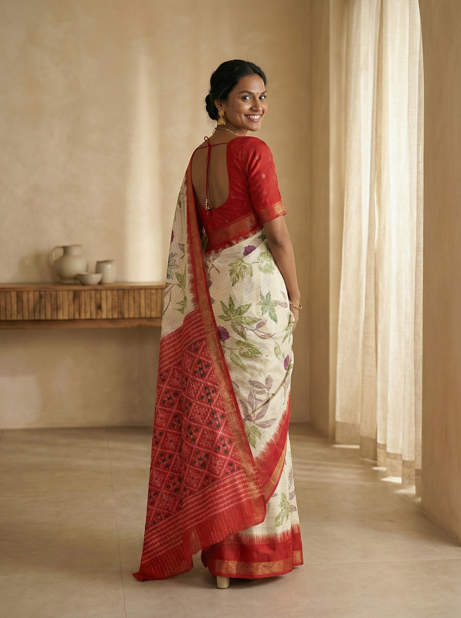 Synthetic Cream Floral Print Saree with Elegant Red Border