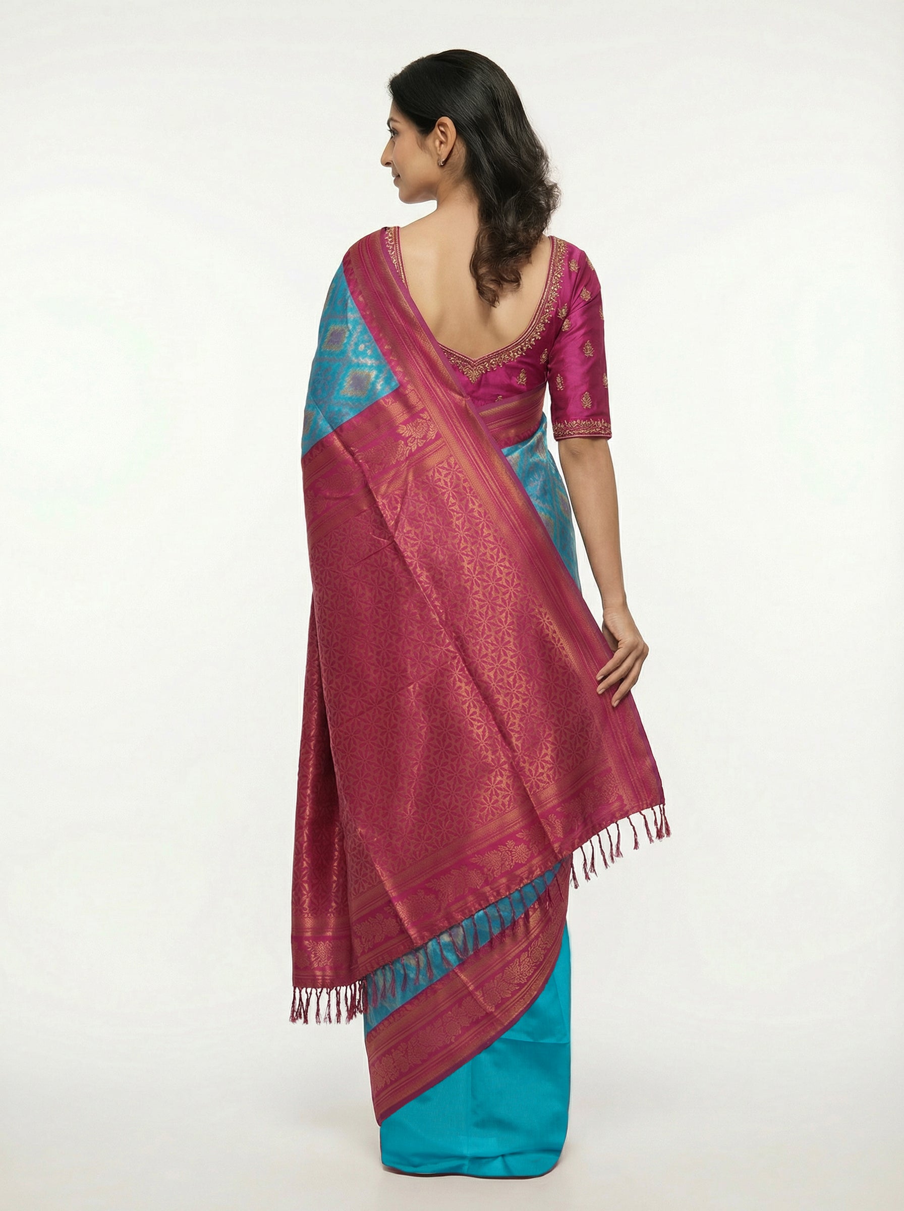 Semi Silk Women’s Peacock Blue Saree with Contrast Wine Blouse