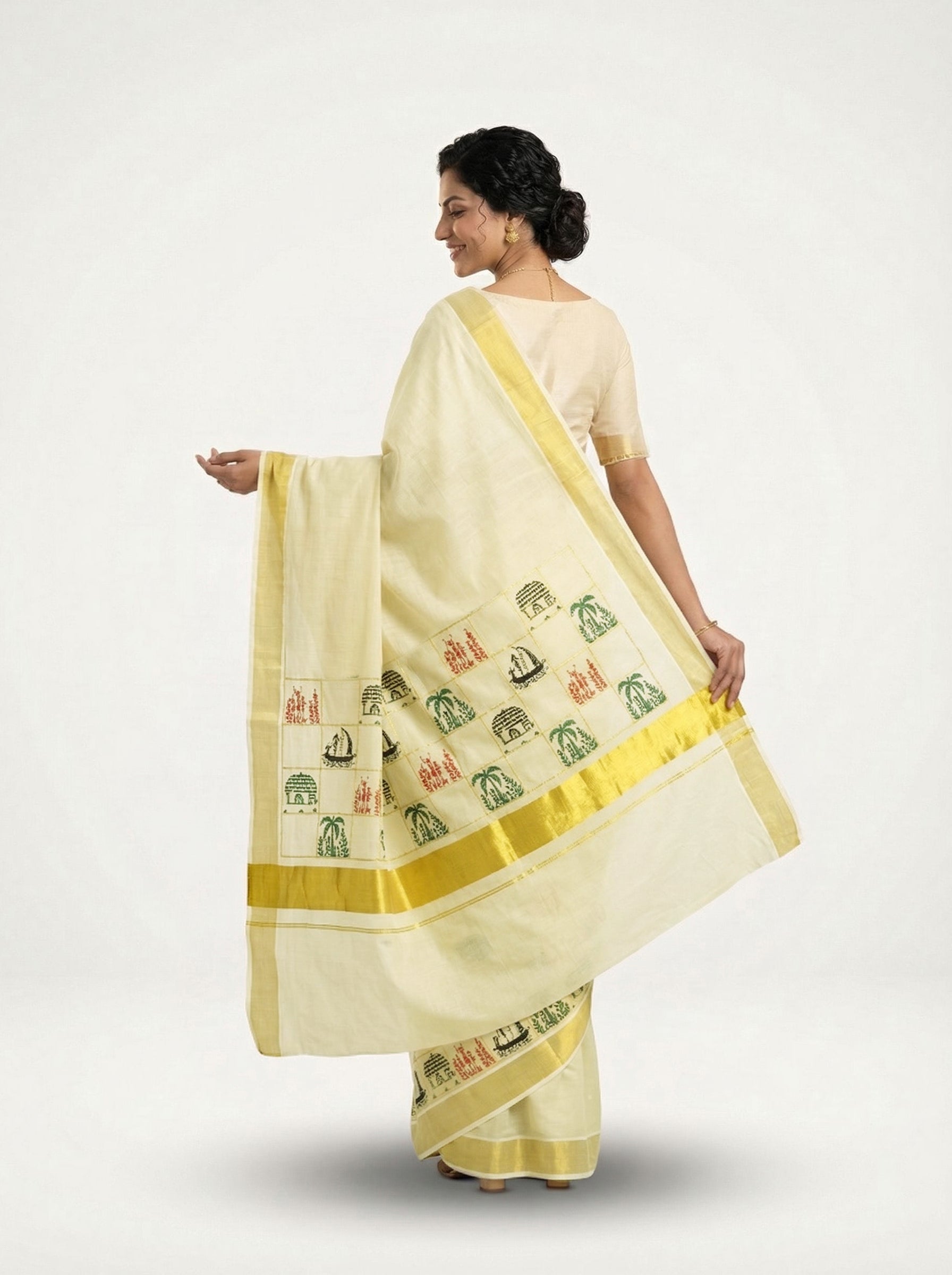 Cotton Cream Saree with Scenic Printed Border and Golden Border Set Saree