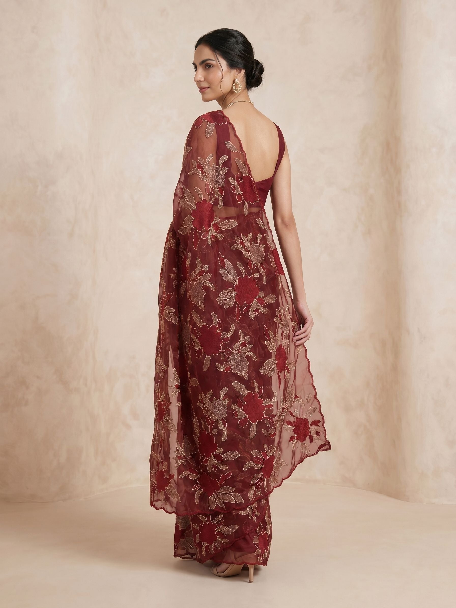 Organza Silk Deep Maroon All-Over Floral & Leaf Gold Thread Embroidered Saree with Scalloped Border