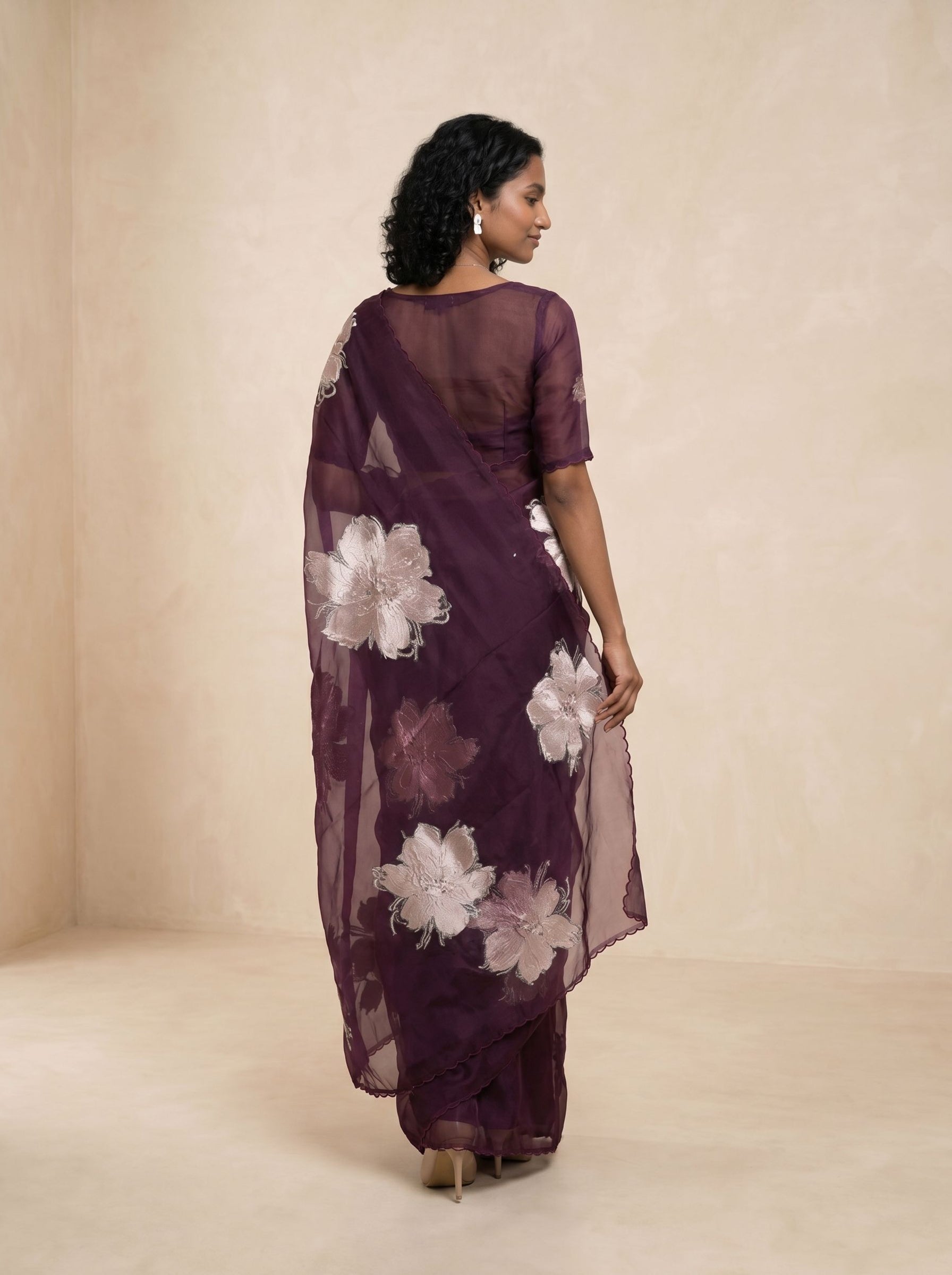 Organza Silk Wine Plum Large Floral Appliqué Saree with Blush Pink & Silver Fabric Motifs & Scalloped Border