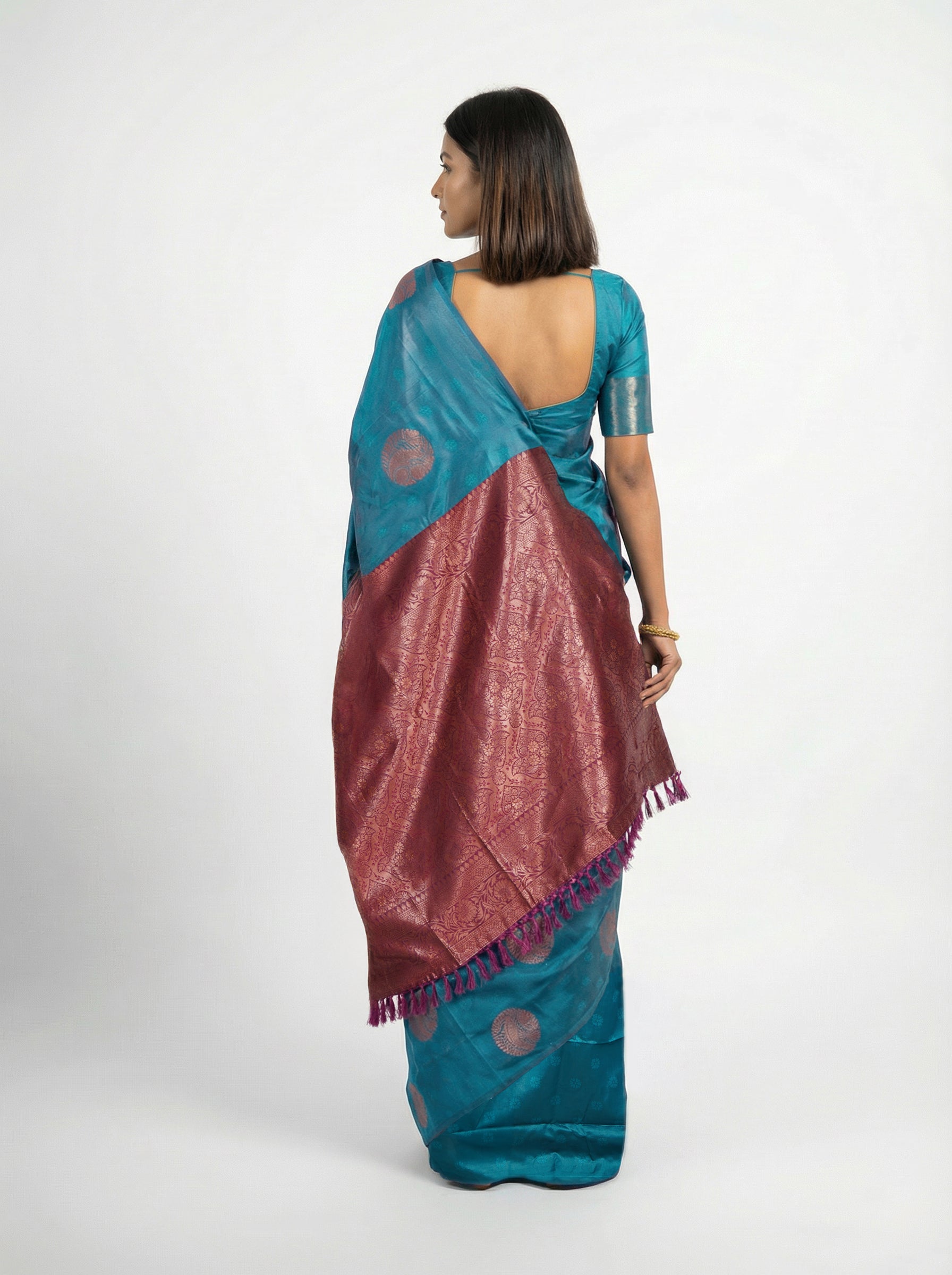 Art Silk Peacock Blue Saree with Upper Paisley Butta Design and Wine Blouse