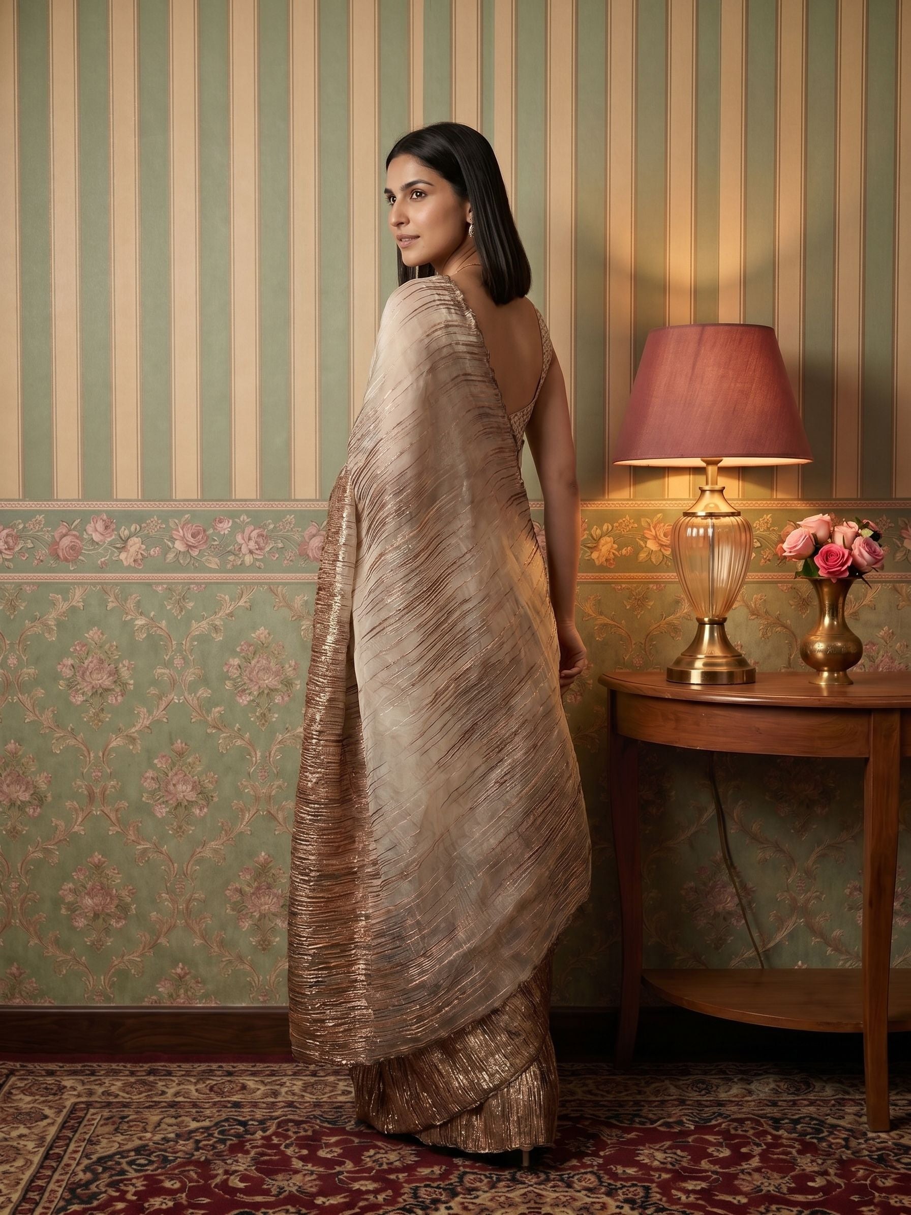 Turkish Organza Cream Saree with Abstract Gold Foil Pattern and Elegant Designer Drape