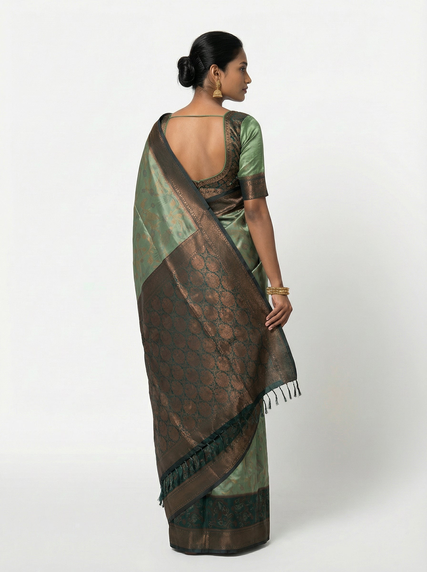 Semi Silk Saree with Floral Border and Bottle Green Golden Butta Blouse Piece