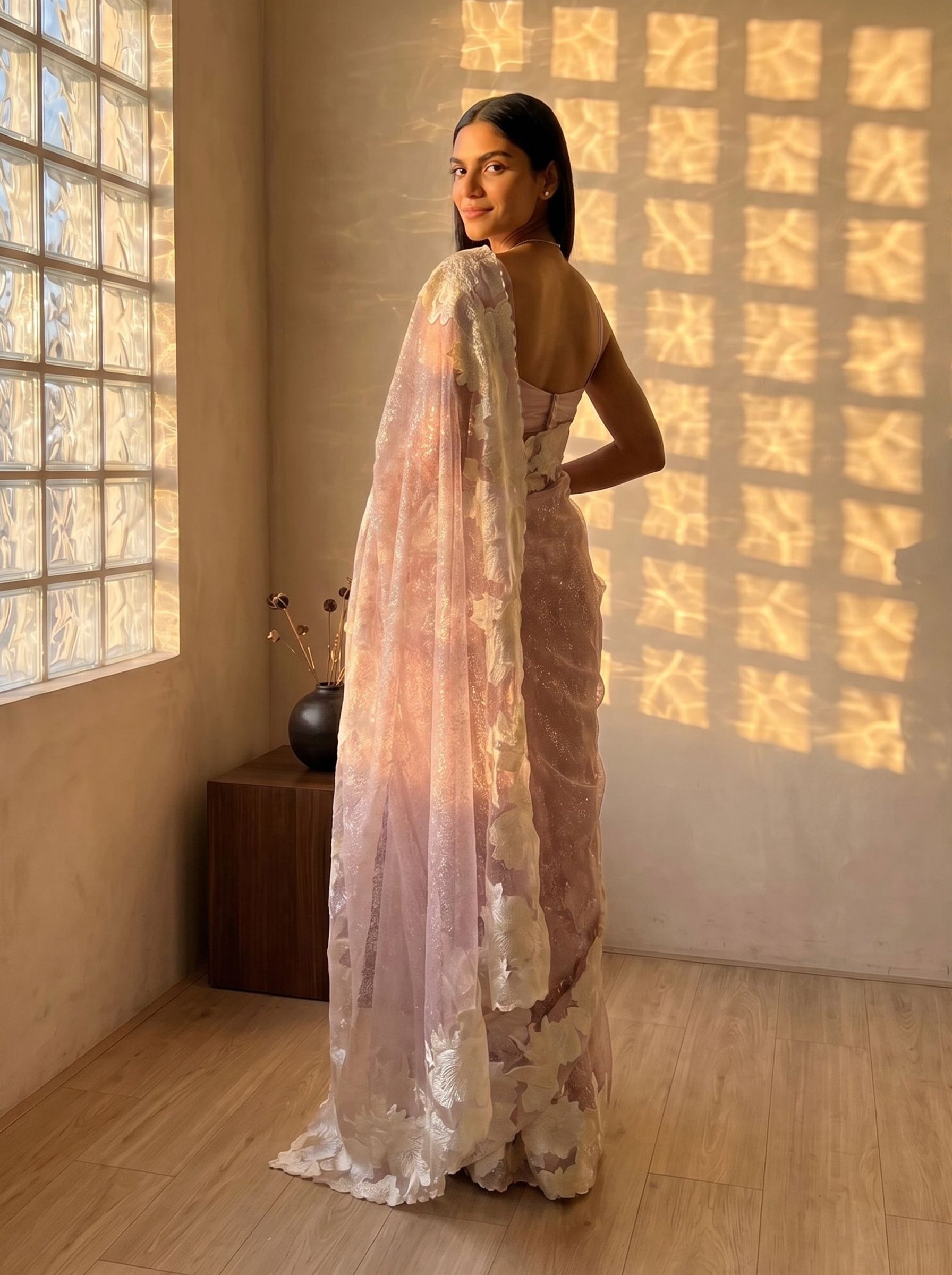 Organza Silk Pastel Lavender Floral Applique Border Saree