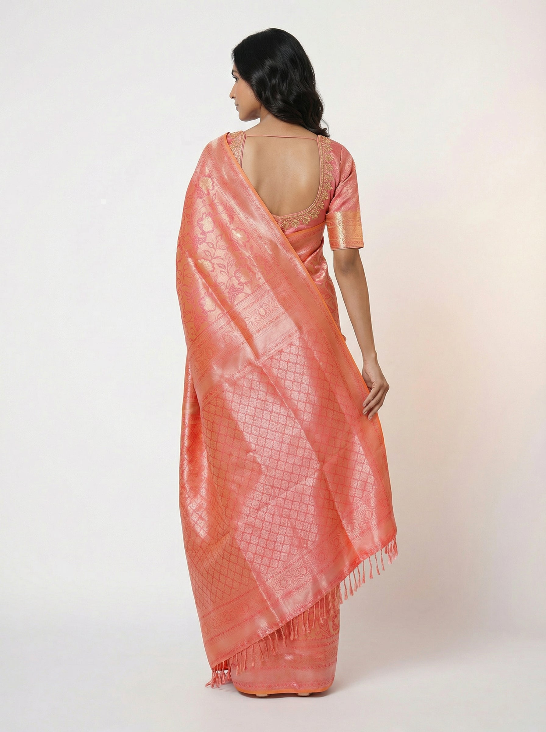 Semi Silk Carrot Peach Elegant Saree