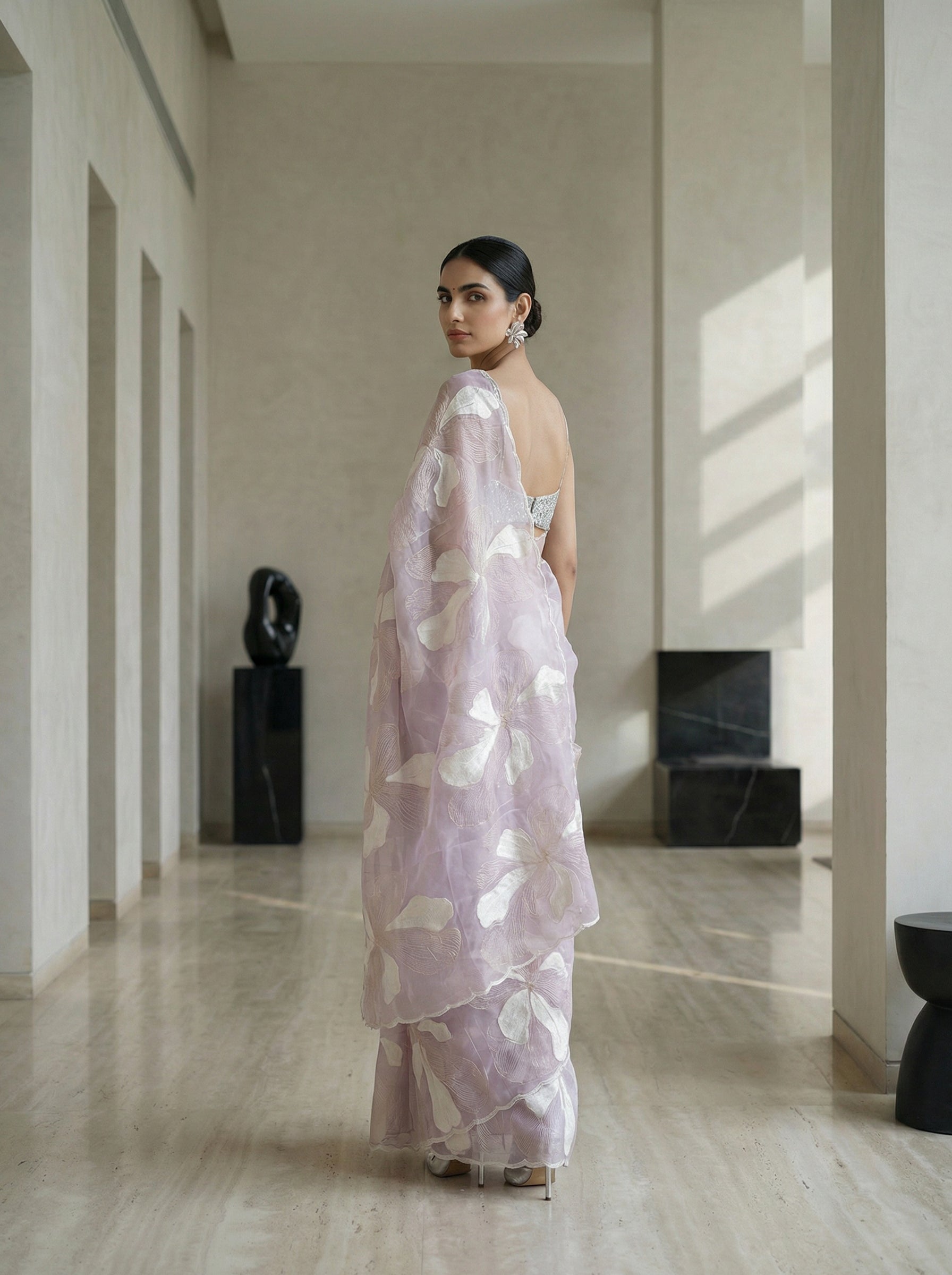 Organza Lavender Big Floral Design Saree