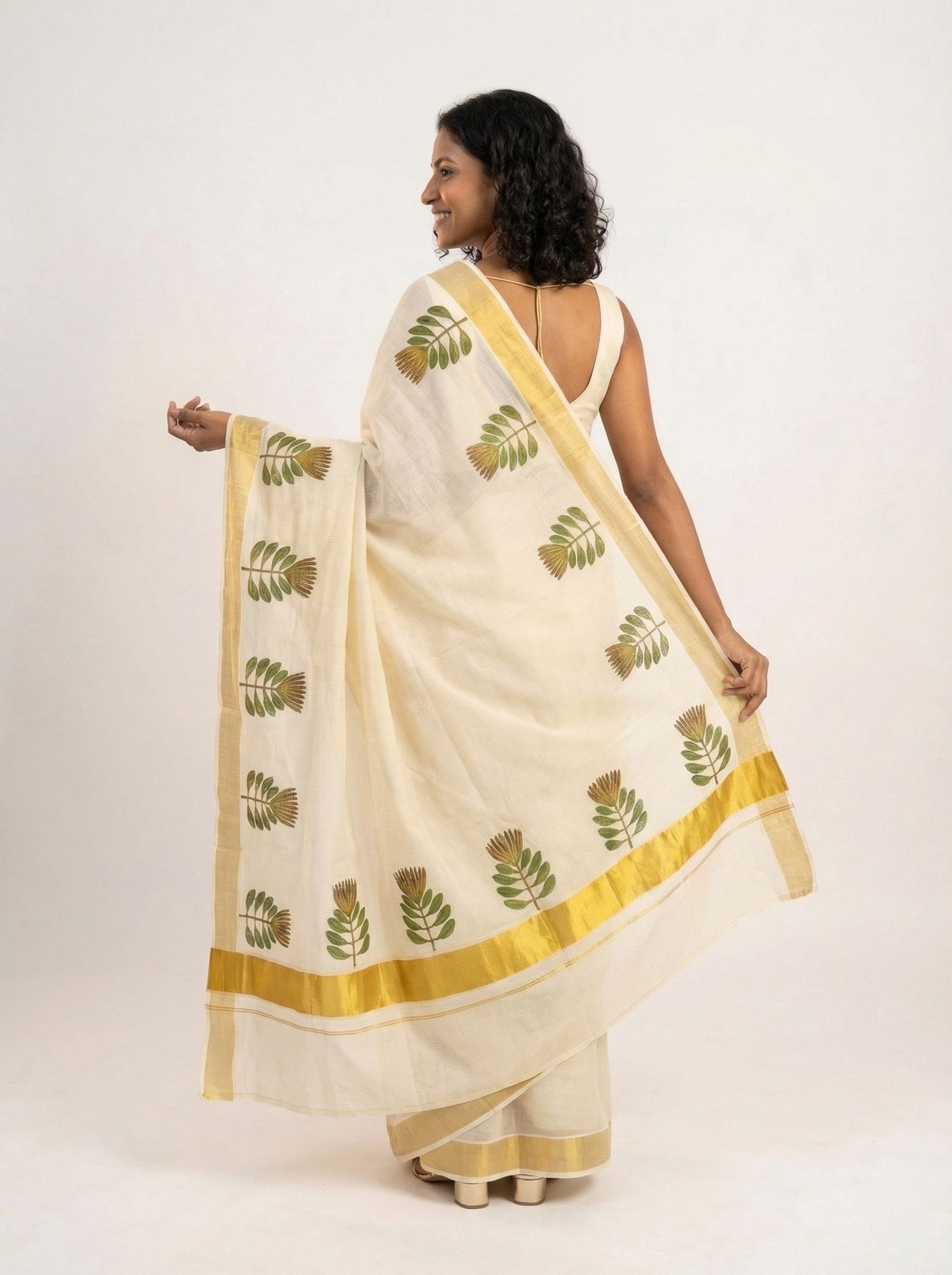 Cotton Cream Saree with Leaf Print and Golden Border Set Saree